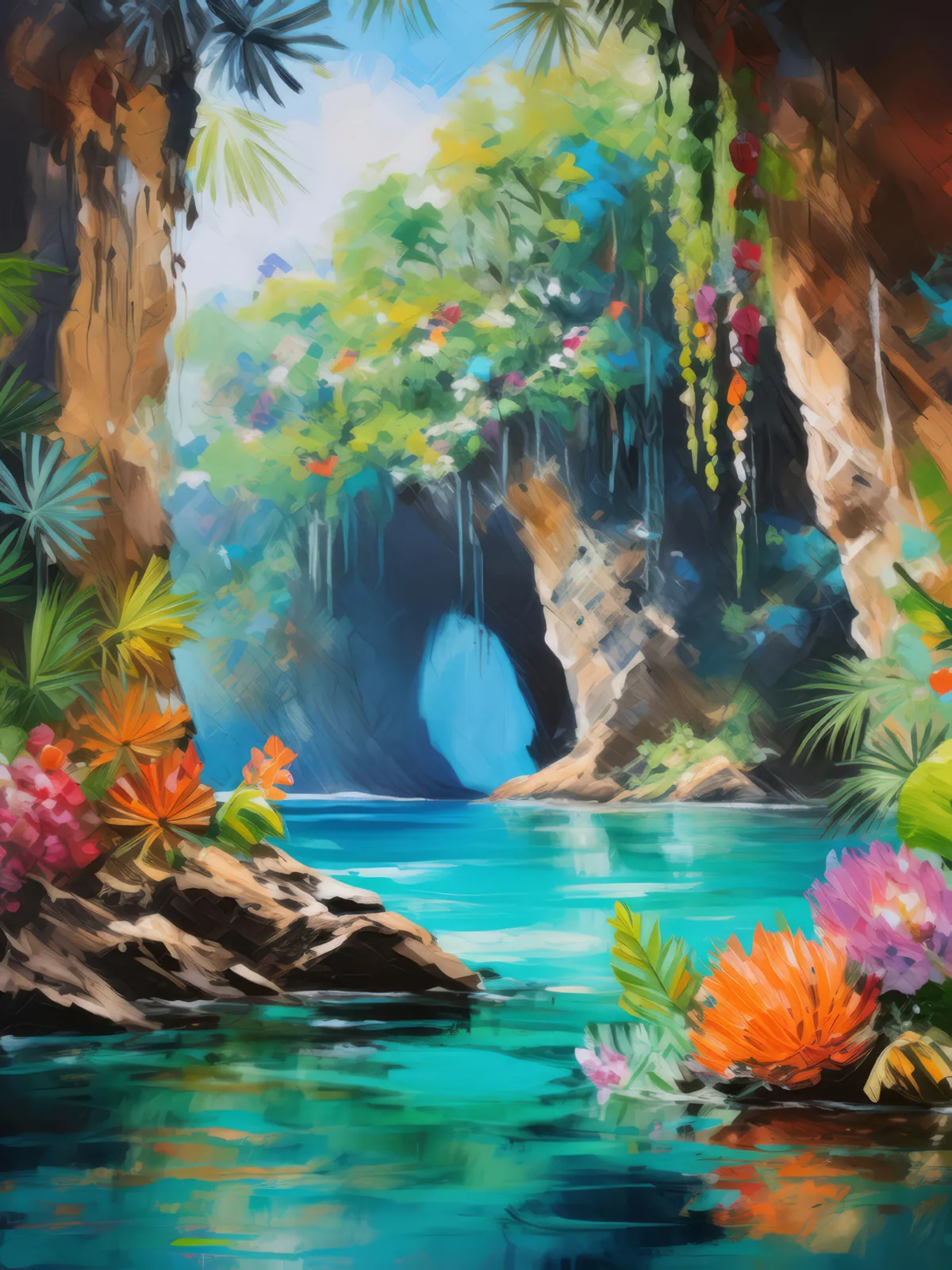 Tropical Paradise Grotto, a palette-knife oil landscape by Emma Mickelberg