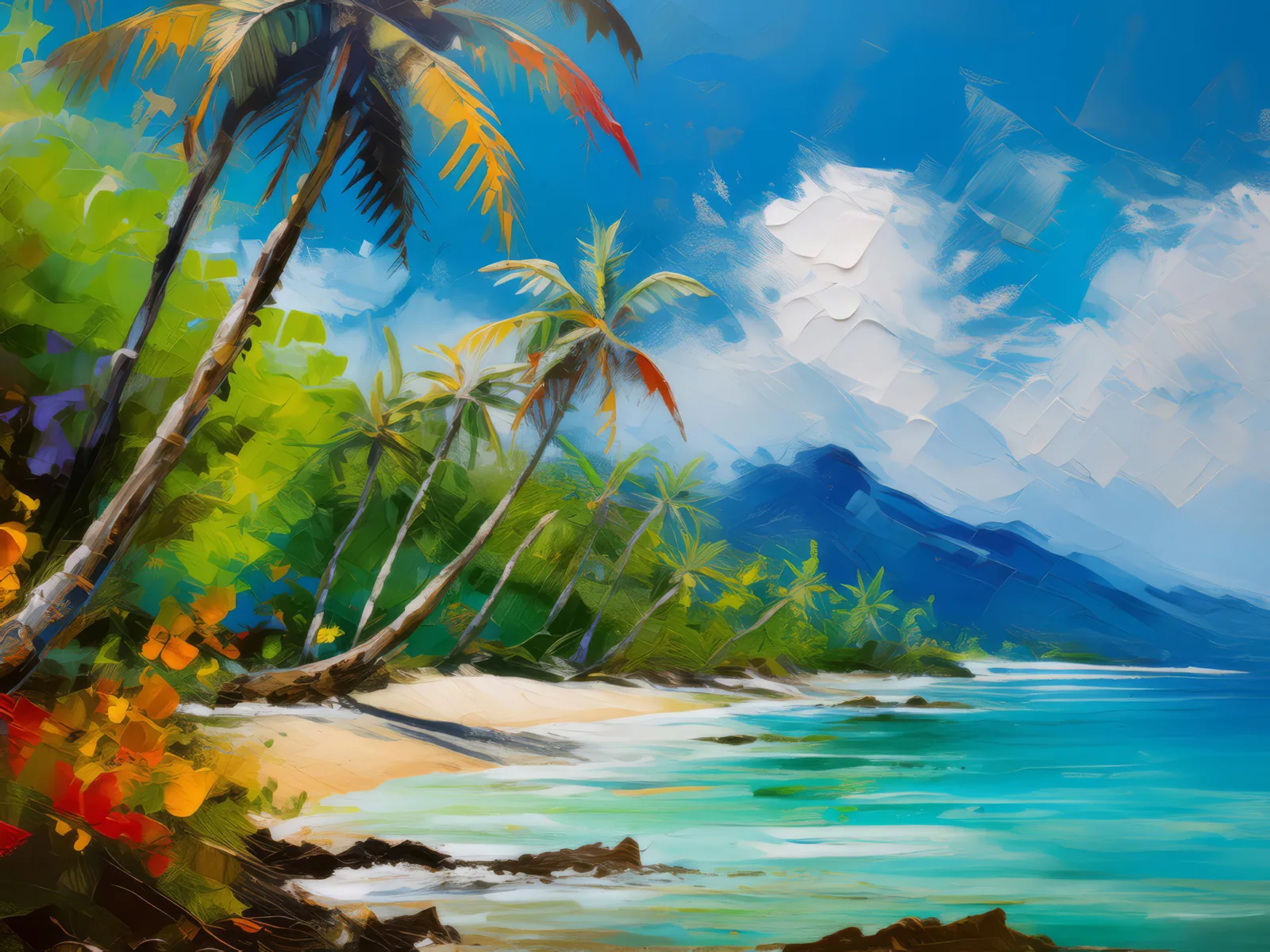 Tropical Paradise Island, a palette-knife oil landscape by Emma Mickelberg
