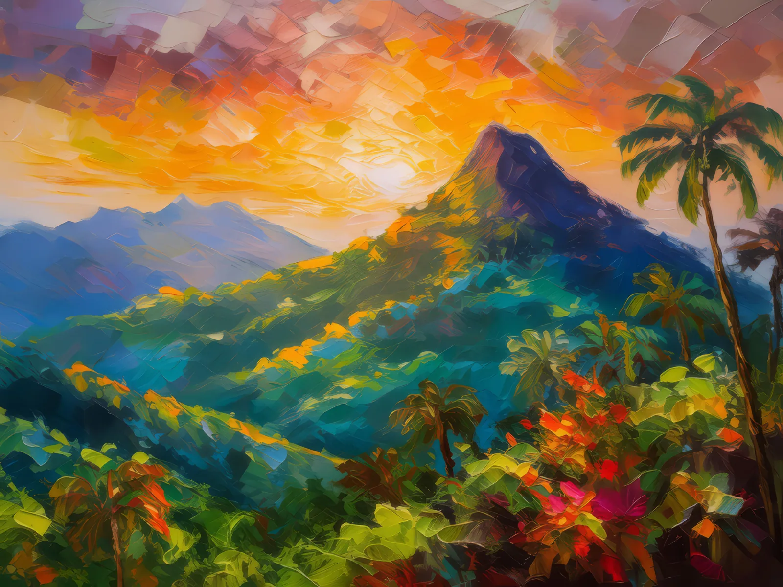 Tropical Peaks at Dawn, a palette-knife oil landscape by Emma Mickelberg