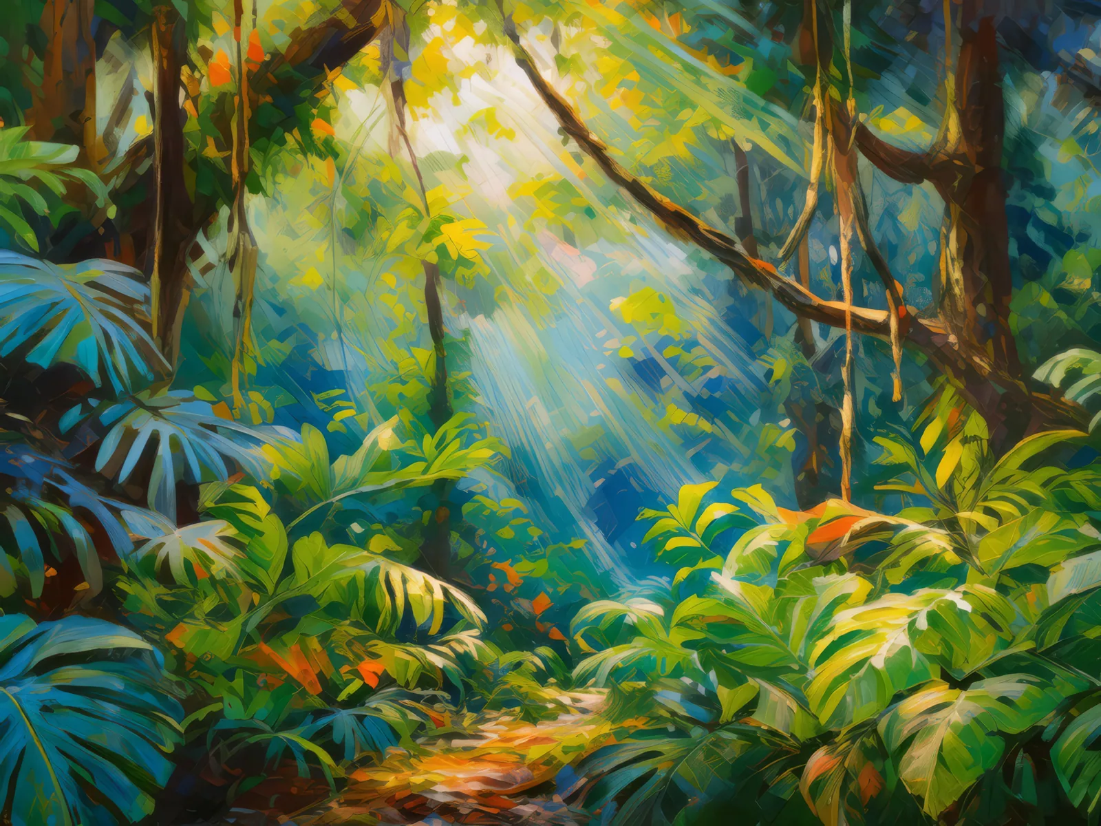 Tropical Rainforest Canopy, a palette-knife oil landscape by Emma Mickelberg