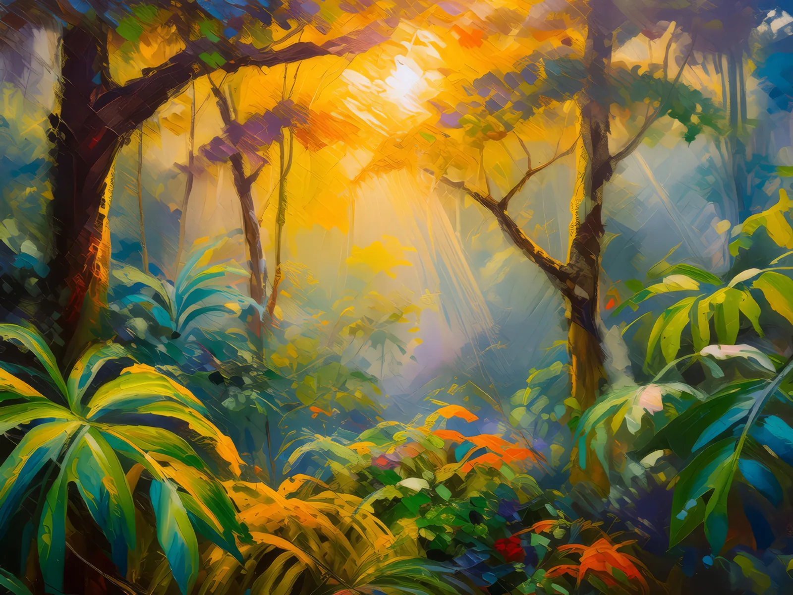Tropical Rainforest Dawn, a palette-knife oil landscape by Emma Mickelberg
