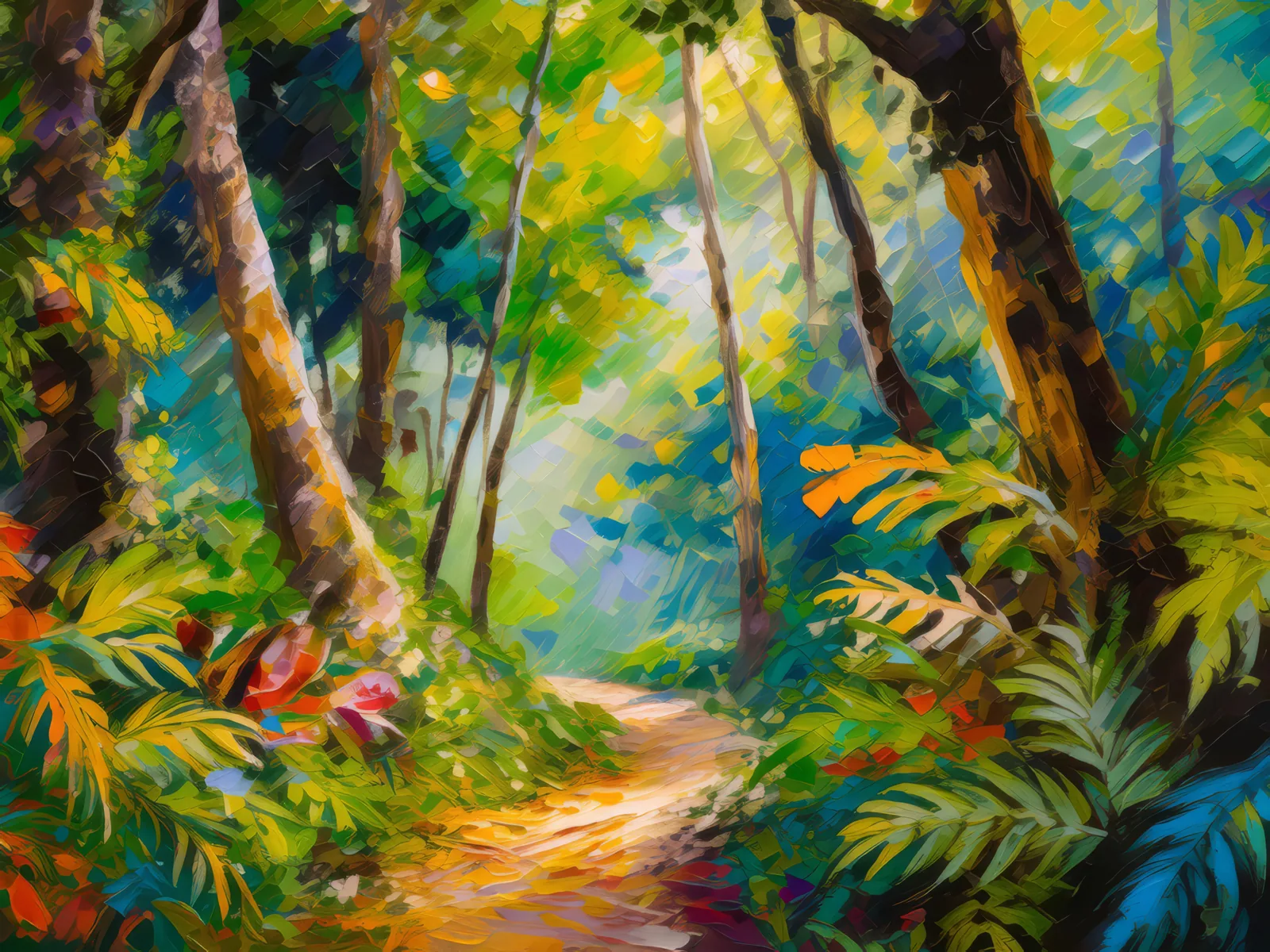 Tropical Rainforest Path, a palette-knife oil landscape by Emma Mickelberg