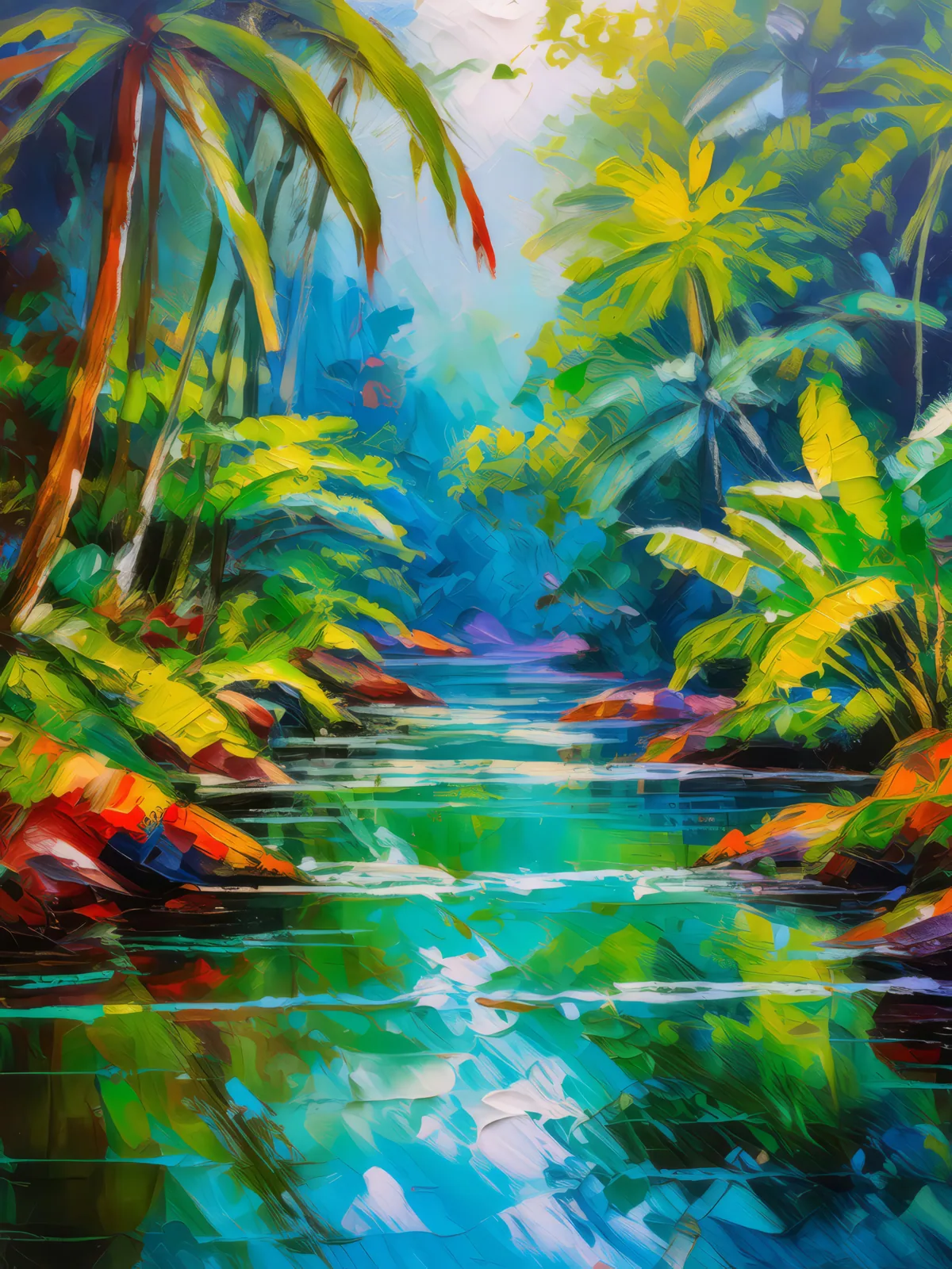 Tropical Rainforest Stream, a palette-knife oil landscape by Emma Mickelberg