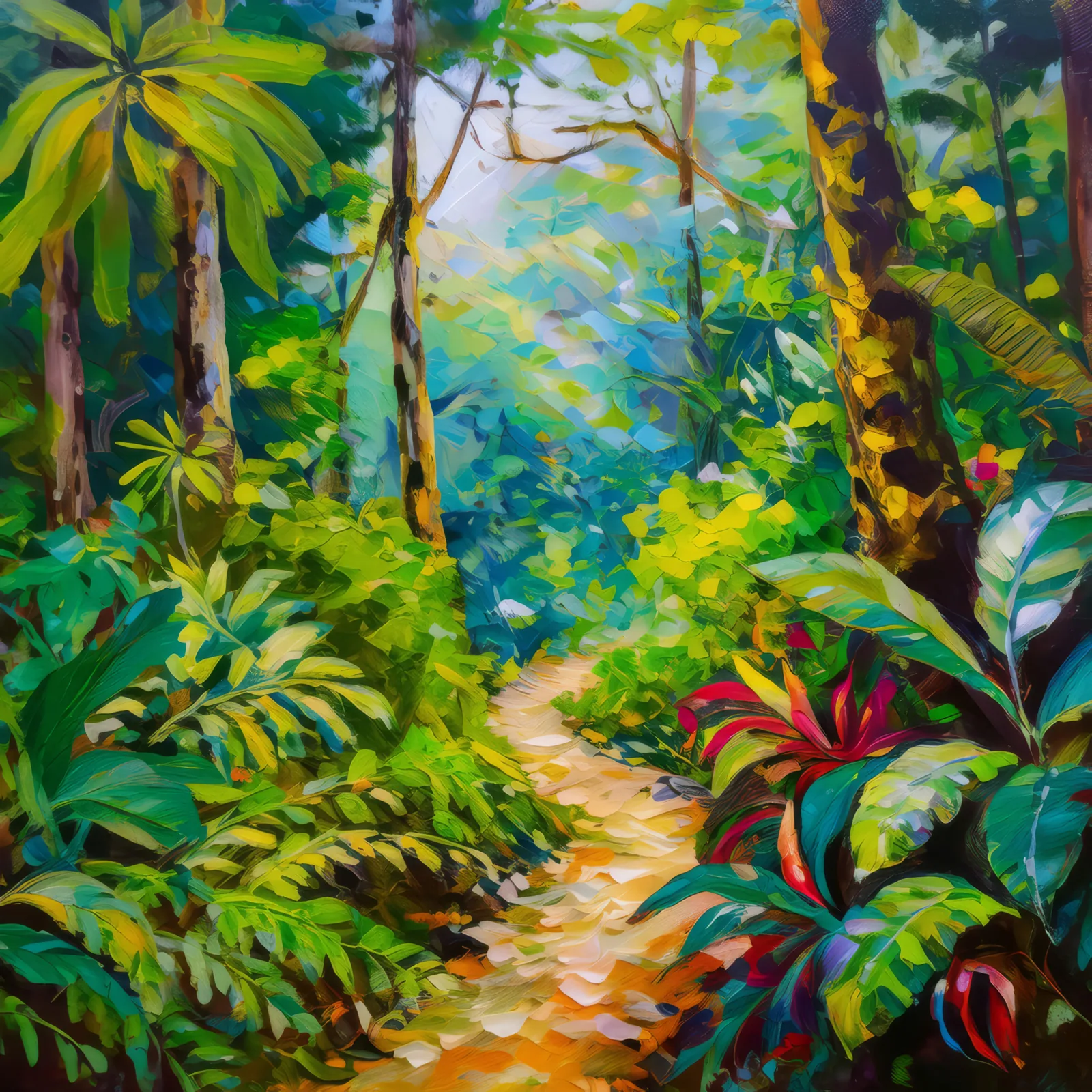 Tropical Rainforest Trail, a palette-knife oil landscape by Emma Mickelberg