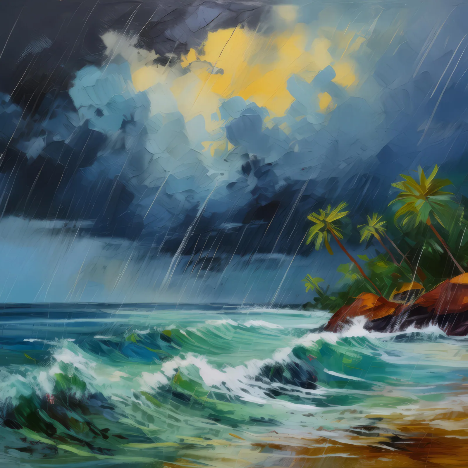 Tropical Rainstorm, a palette-knife oil landscape by Emma Mickelberg