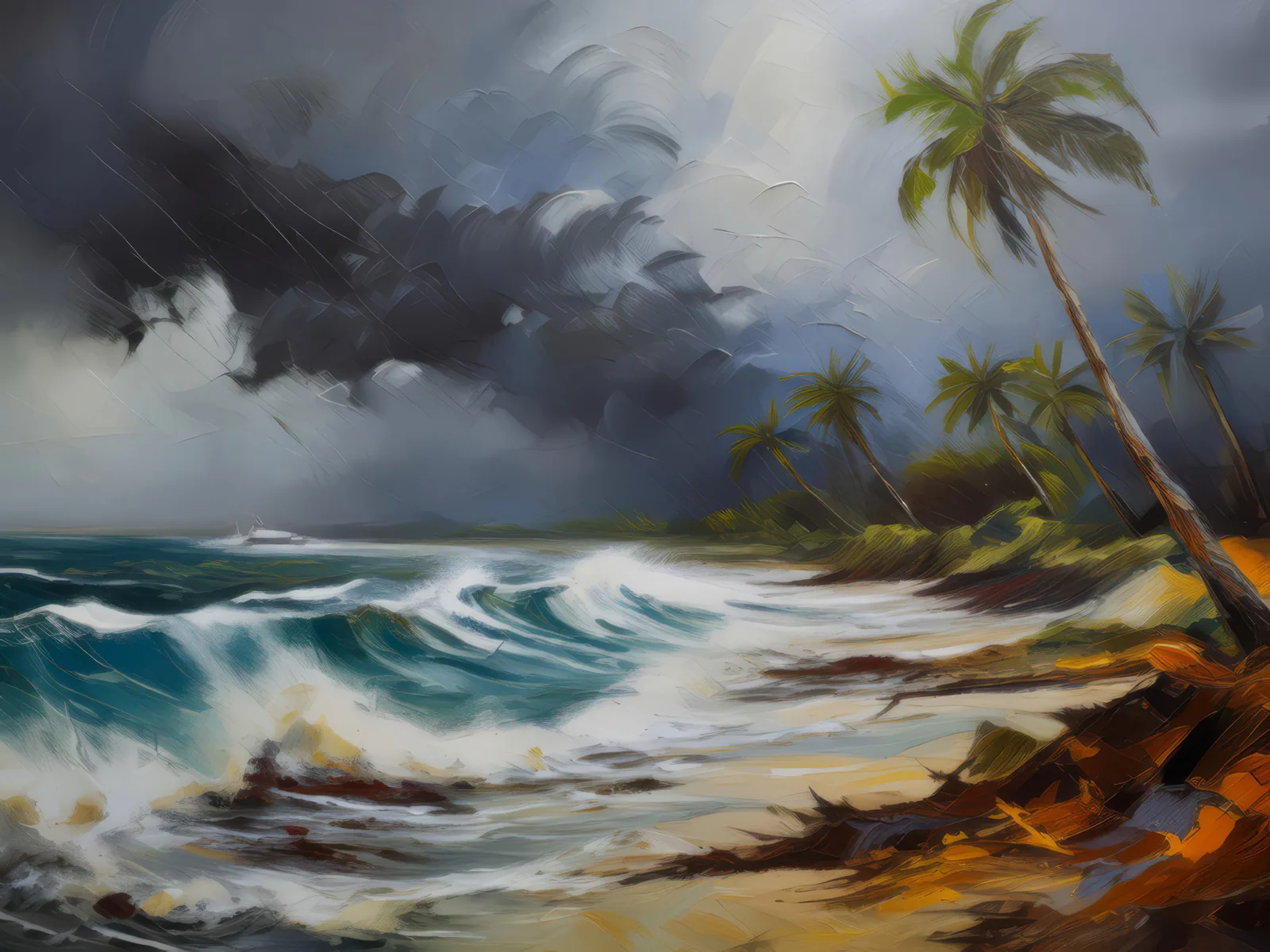 Tropical Storm Beach, a palette-knife oil landscape by Emma Mickelberg