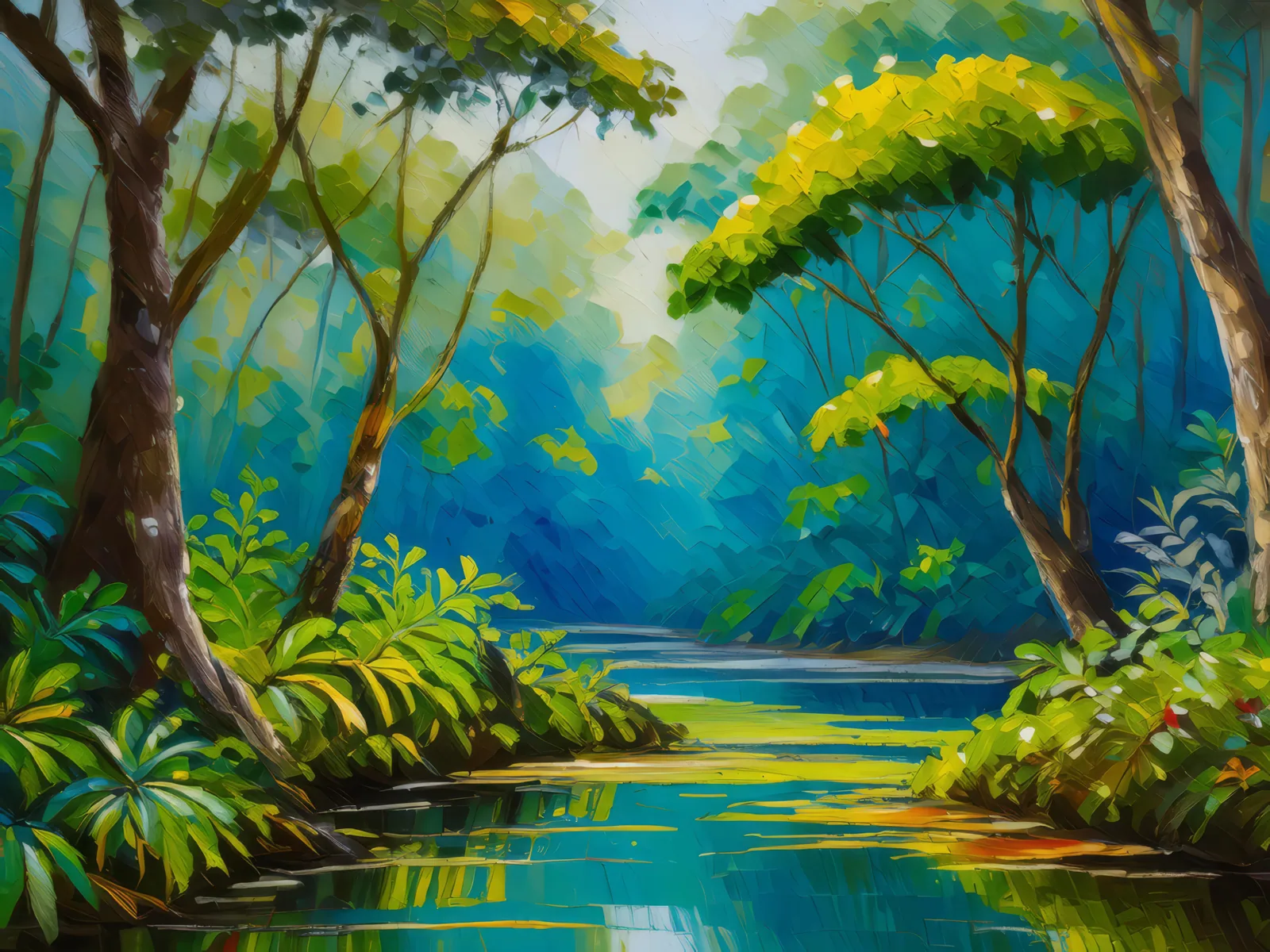 Tropical Swamp Canopy, a palette-knife oil landscape by Emma Mickelberg