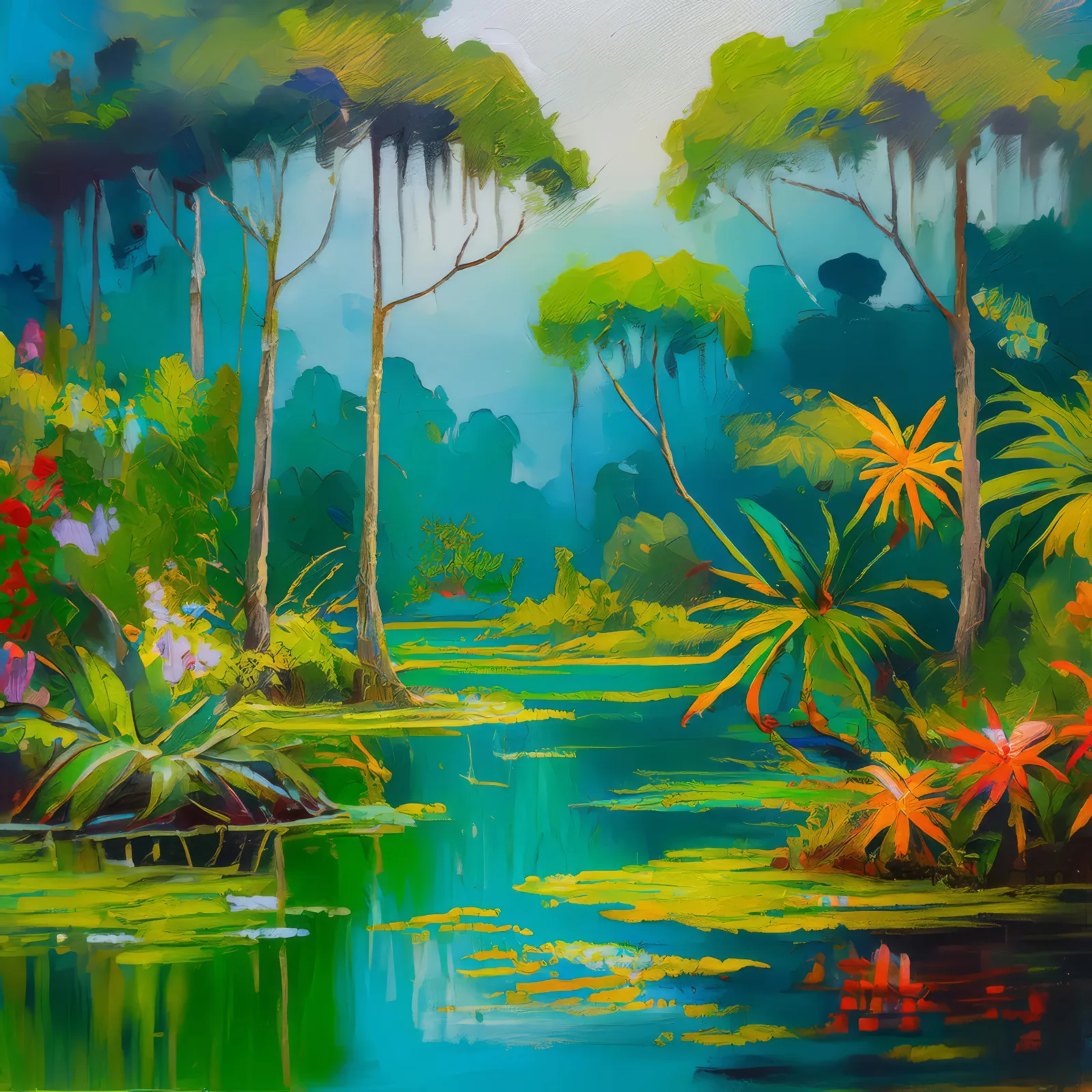 Tropical Swamp Haven, a palette-knife oil landscape by Emma Mickelberg