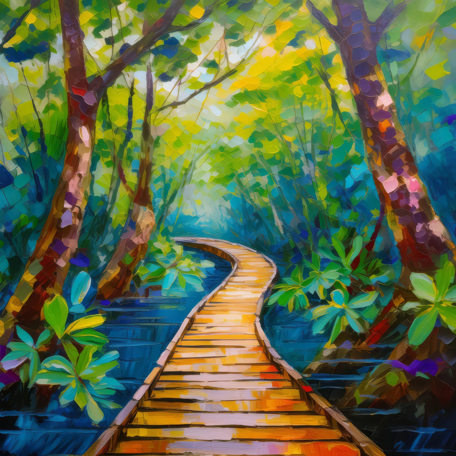 Tropical Swamp Pathway, a palette-knife oil landscape by Emma Mickelberg