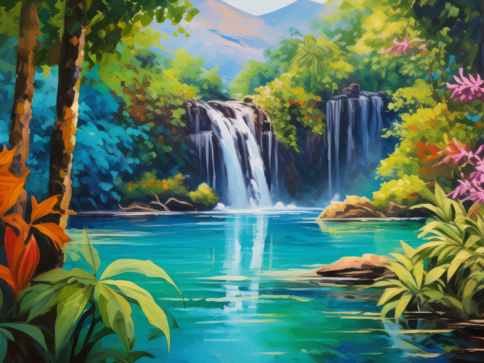 Tropical Waterfall Escape, a palette-knife oil landscape by Emma Mickelberg