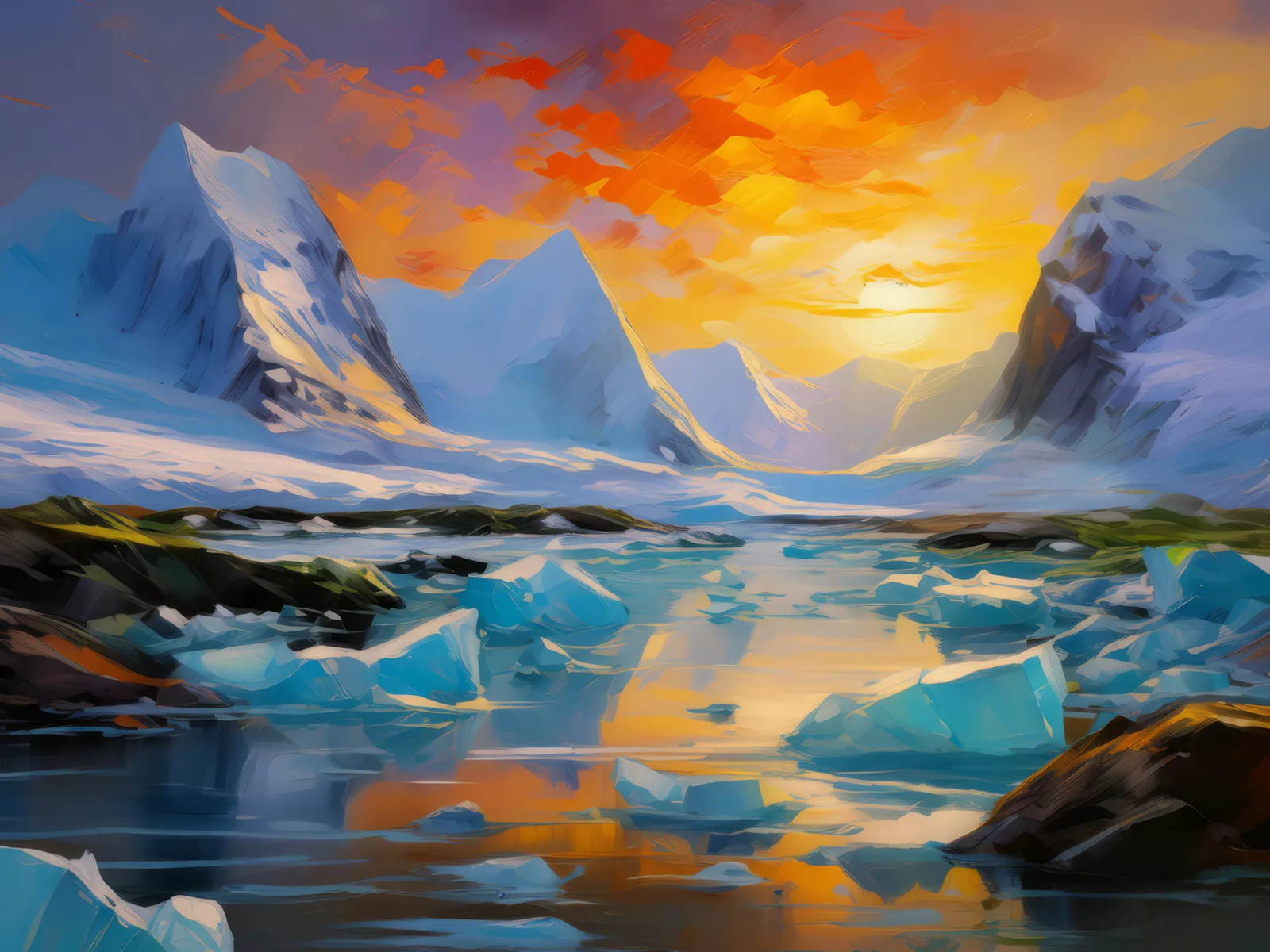 Tundra Ice Caps Melting, a palette-knife oil landscape by Emma Mickelberg