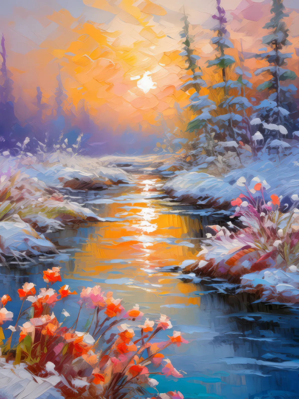 Tundra River at Dawn, a palette-knife oil landscape by Emma Mickelberg