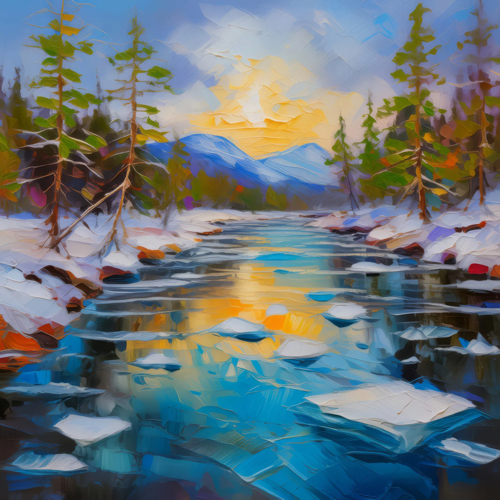 Tundra River Thaw, a palette-knife oil landscape by Emma Mickelberg