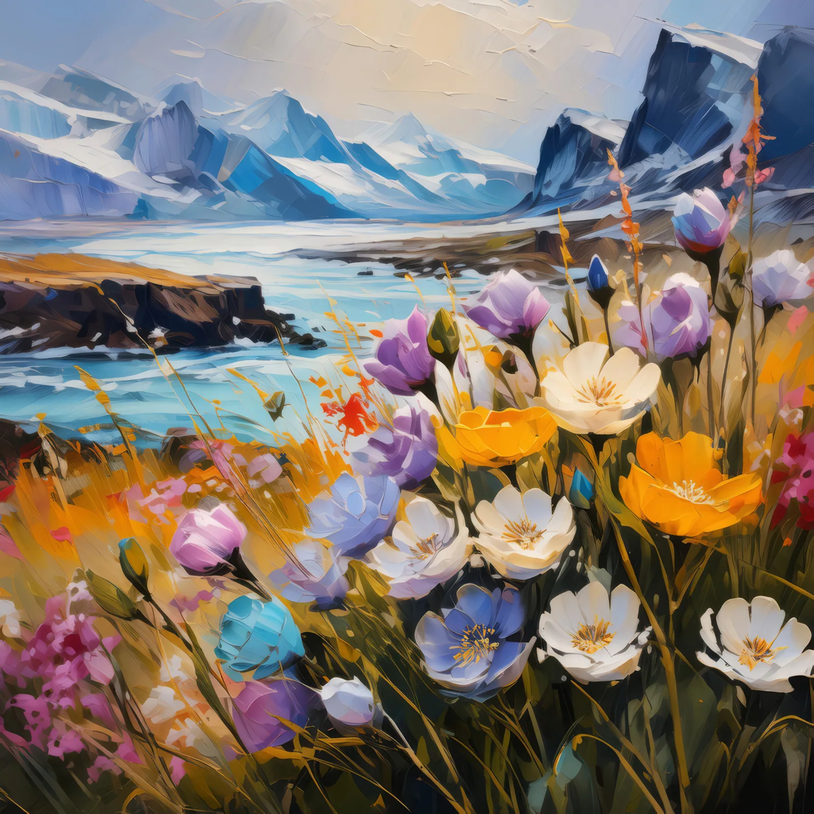 Tundra Wildflower Field, a palette-knife oil landscape by Emma Mickelberg