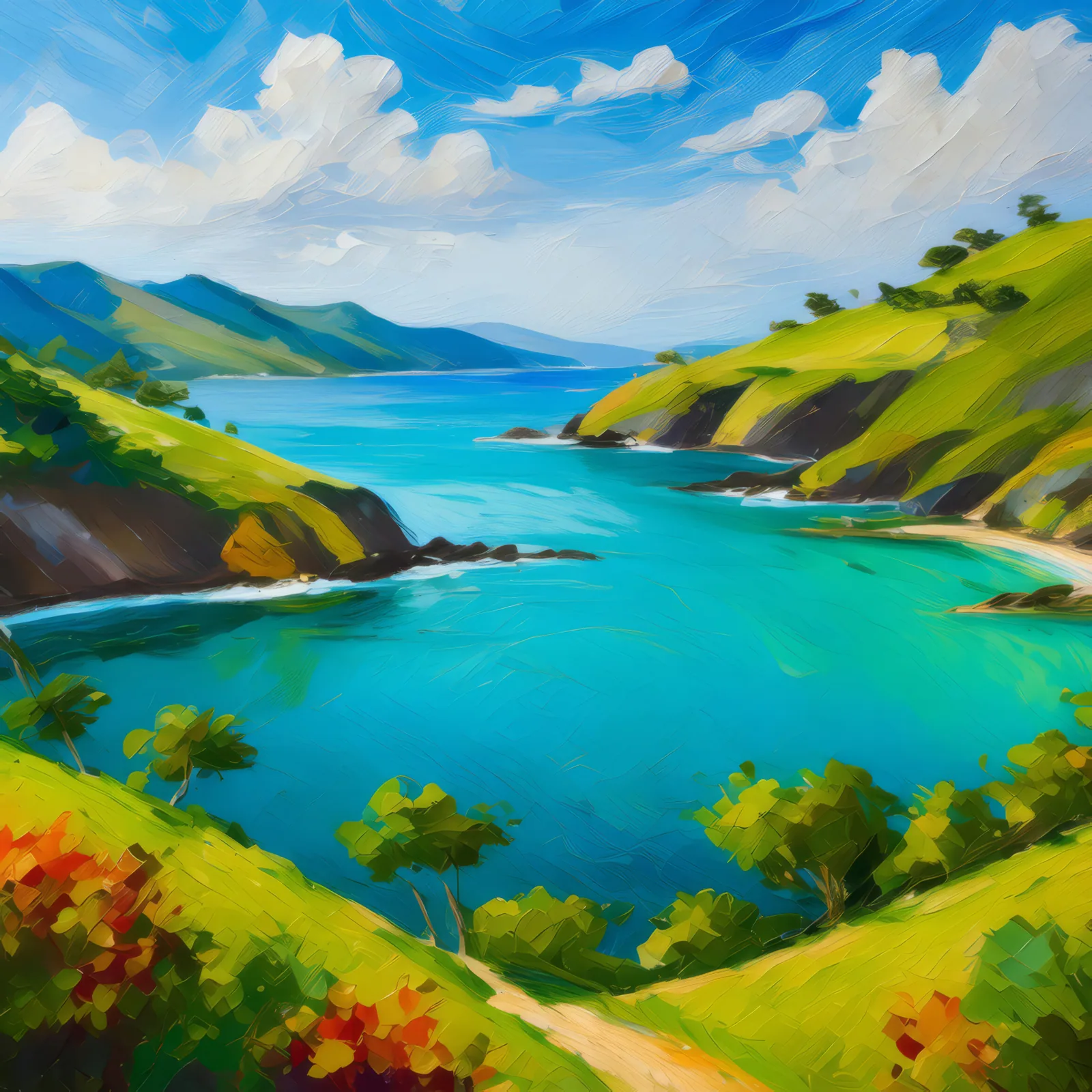 Turquoise Bay Bliss, a palette-knife oil landscape by Emma Mickelberg