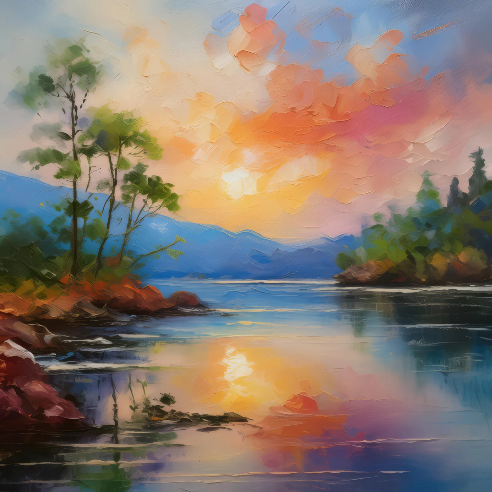 Twilight at the Lake, a palette-knife oil landscape by Emma Mickelberg