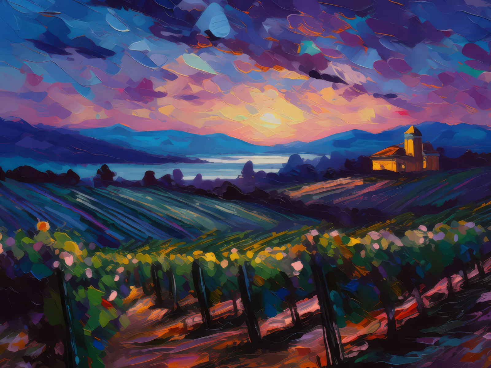Twilight at the Vineyard, a palette-knife oil landscape by Emma Mickelberg