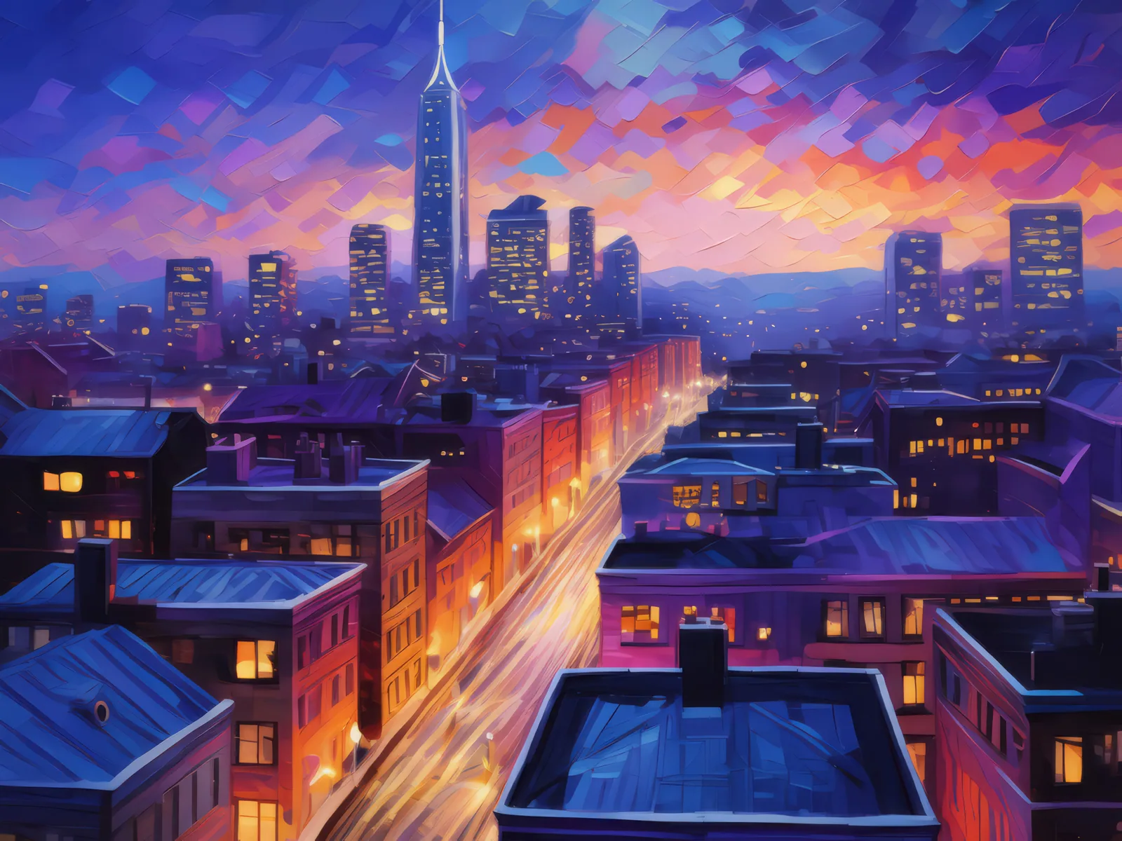 Twilight City Rooftop, a palette-knife oil landscape by Emma Mickelberg