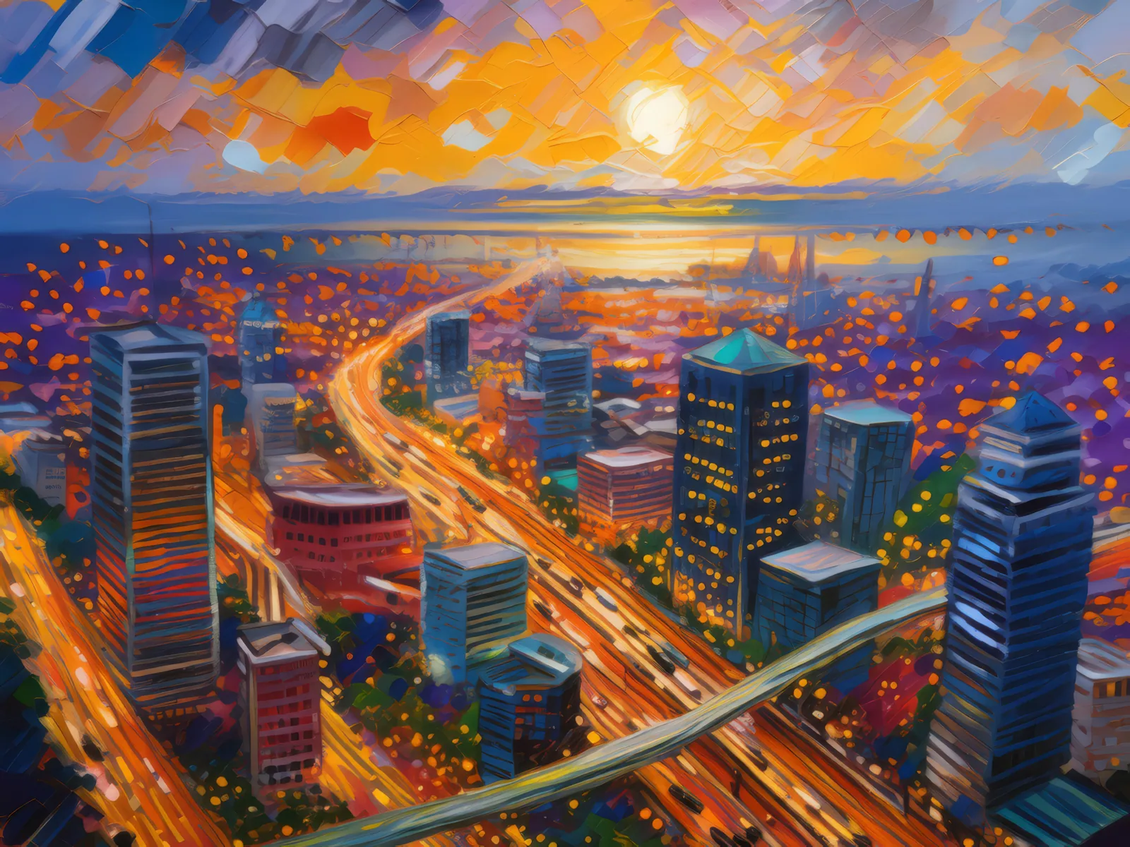 Twilight Cityscape from Above, a palette-knife oil landscape by Emma Mickelberg