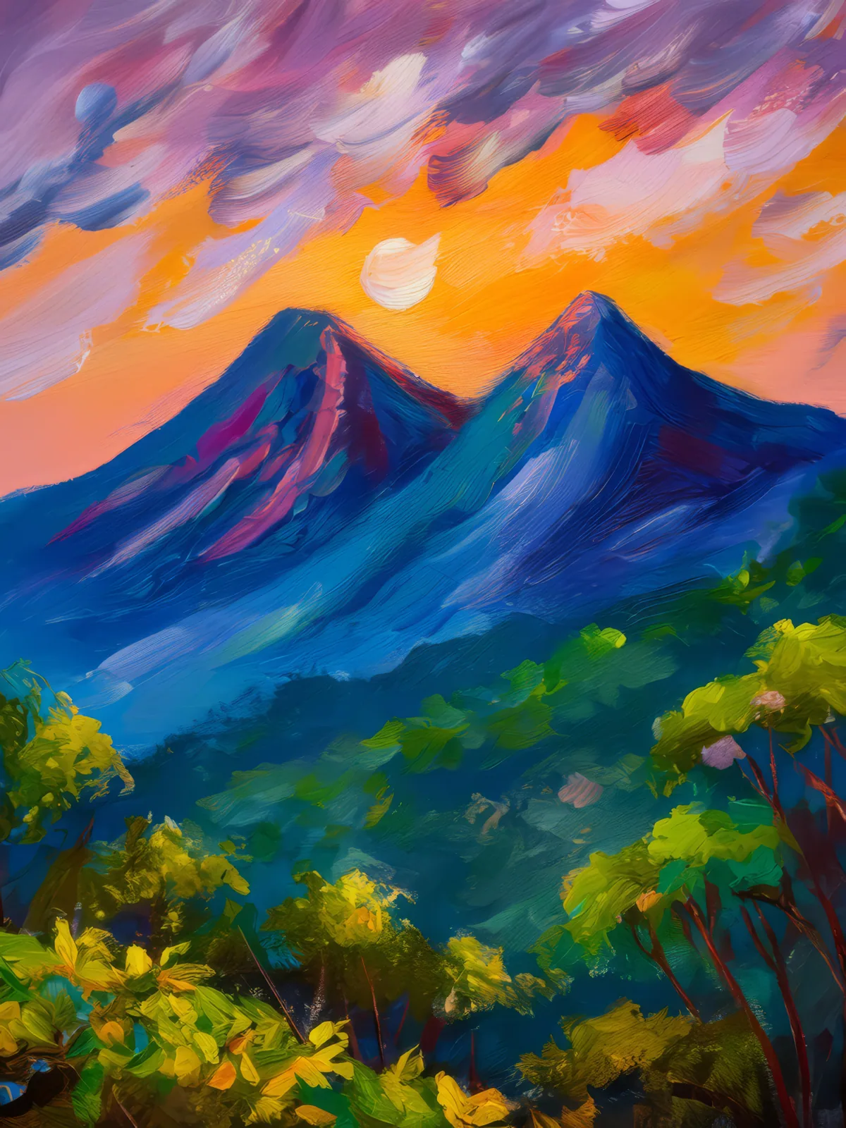 Twilight Glow on Mountain Ridge, a palette-knife oil landscape by Emma Mickelberg
