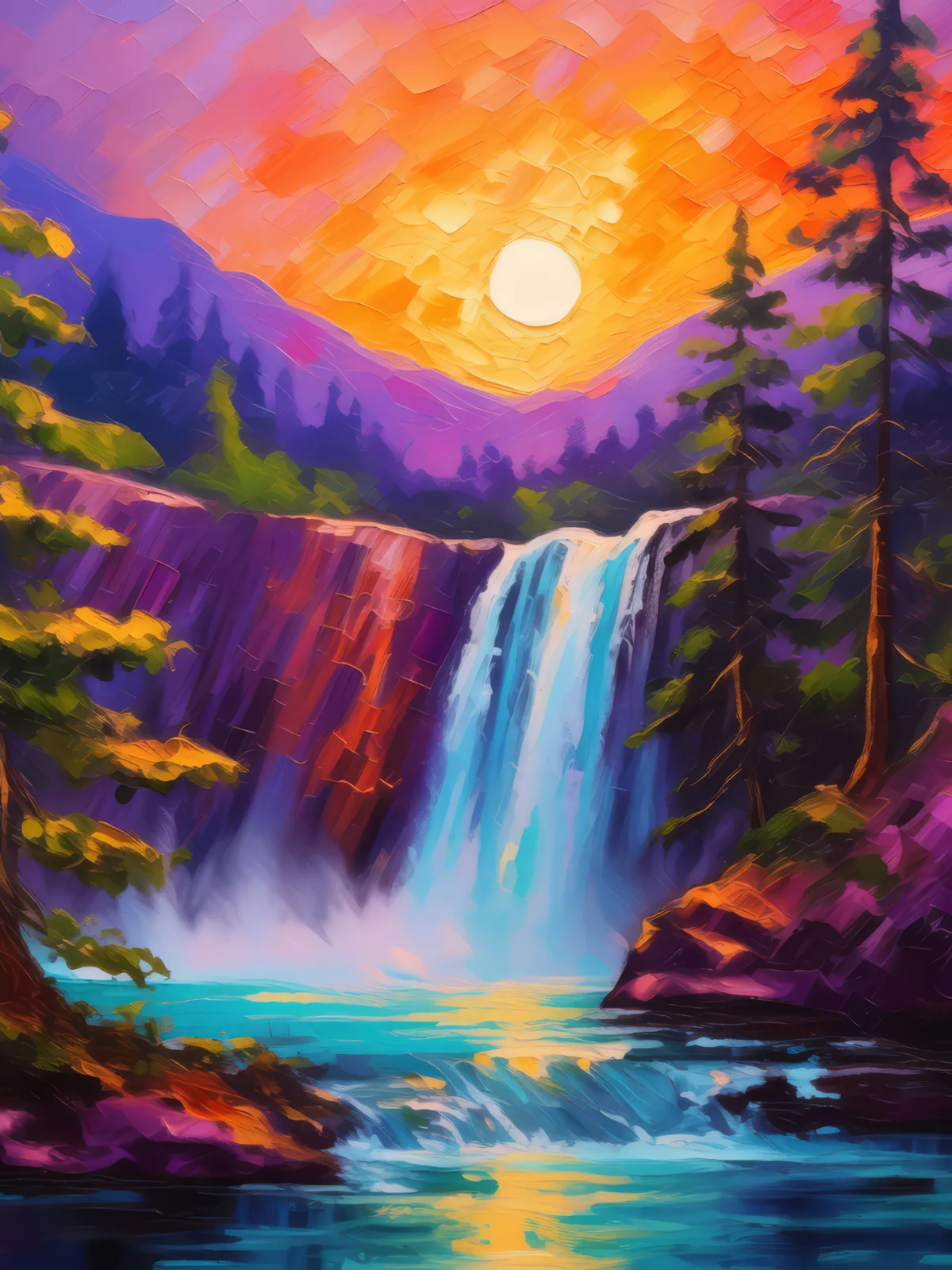 Twilight Glow Waterfall, a palette-knife oil landscape by Emma Mickelberg