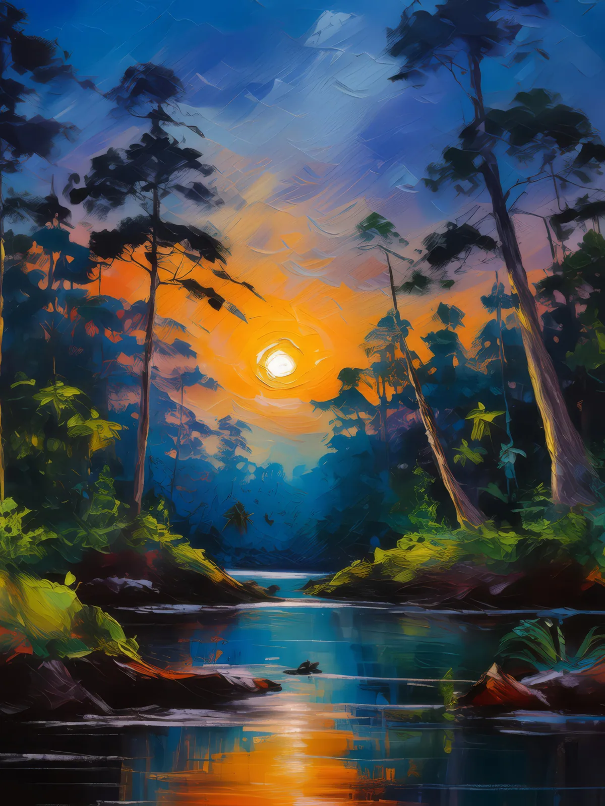 Twilight Hues in Boreal Jungle, a palette-knife oil landscape by Emma Mickelberg