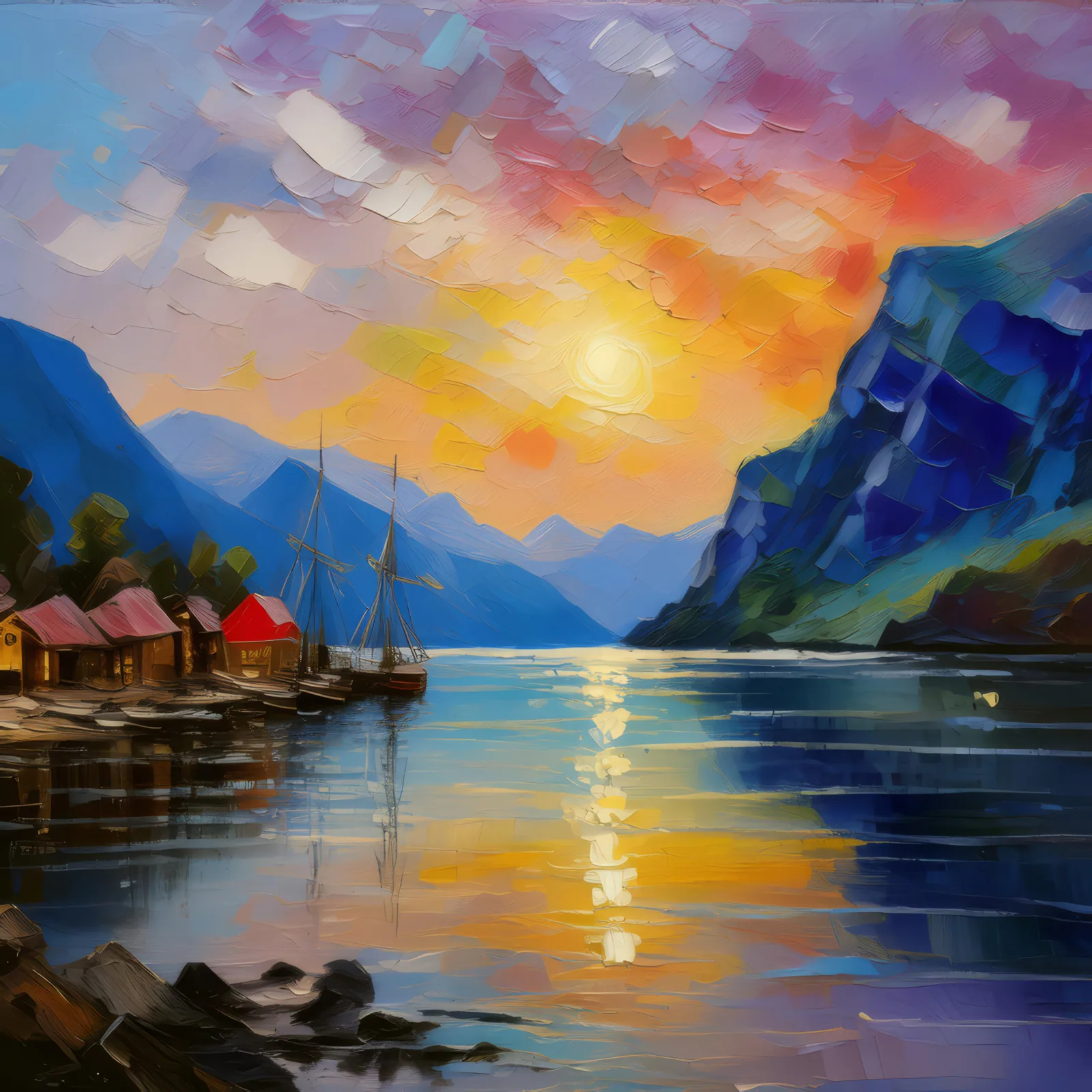Twilight Hues Over the Fjord, a palette-knife oil landscape by Emma Mickelberg