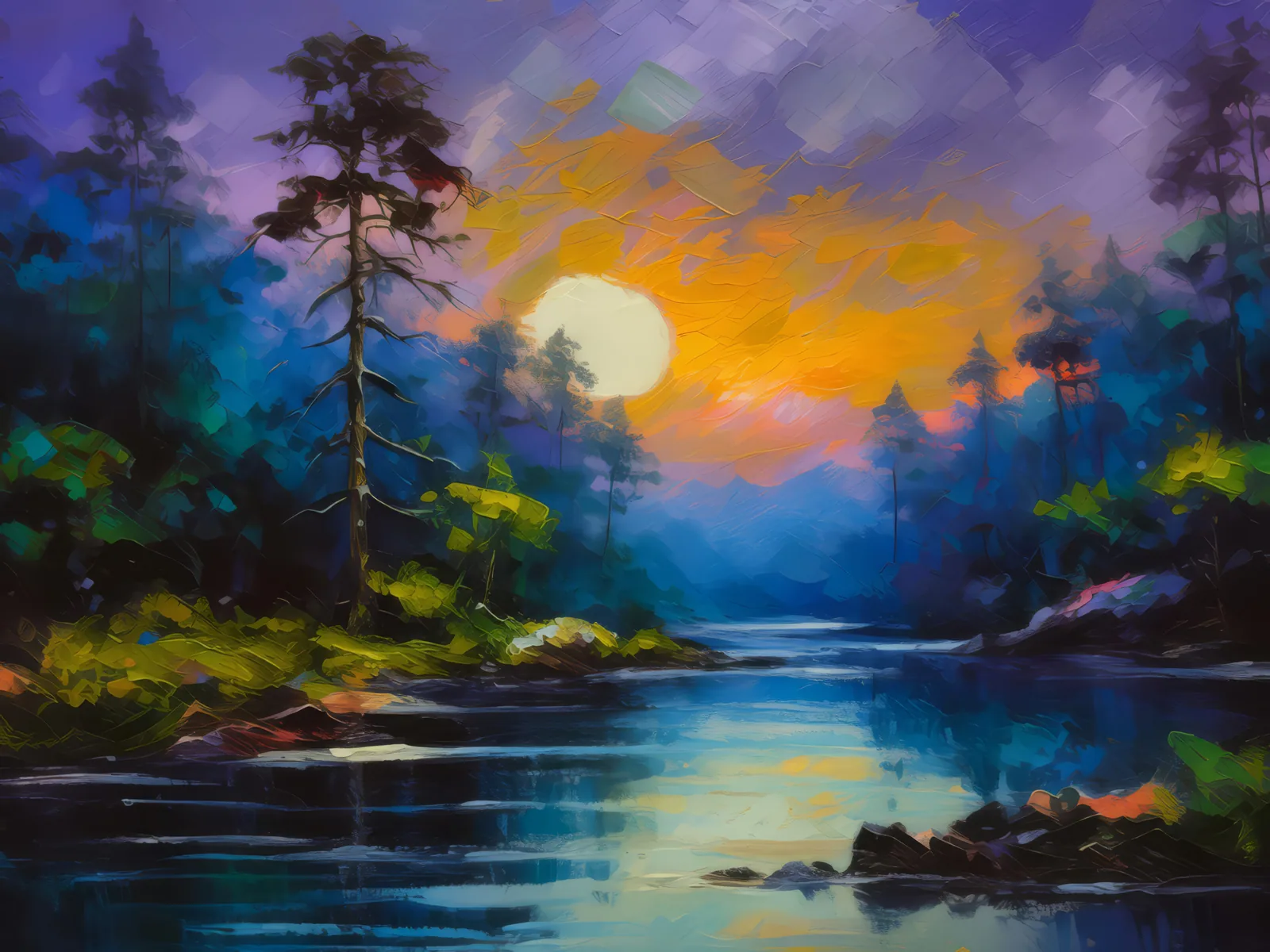 Twilight in the Forest, a palette-knife oil landscape by Emma Mickelberg