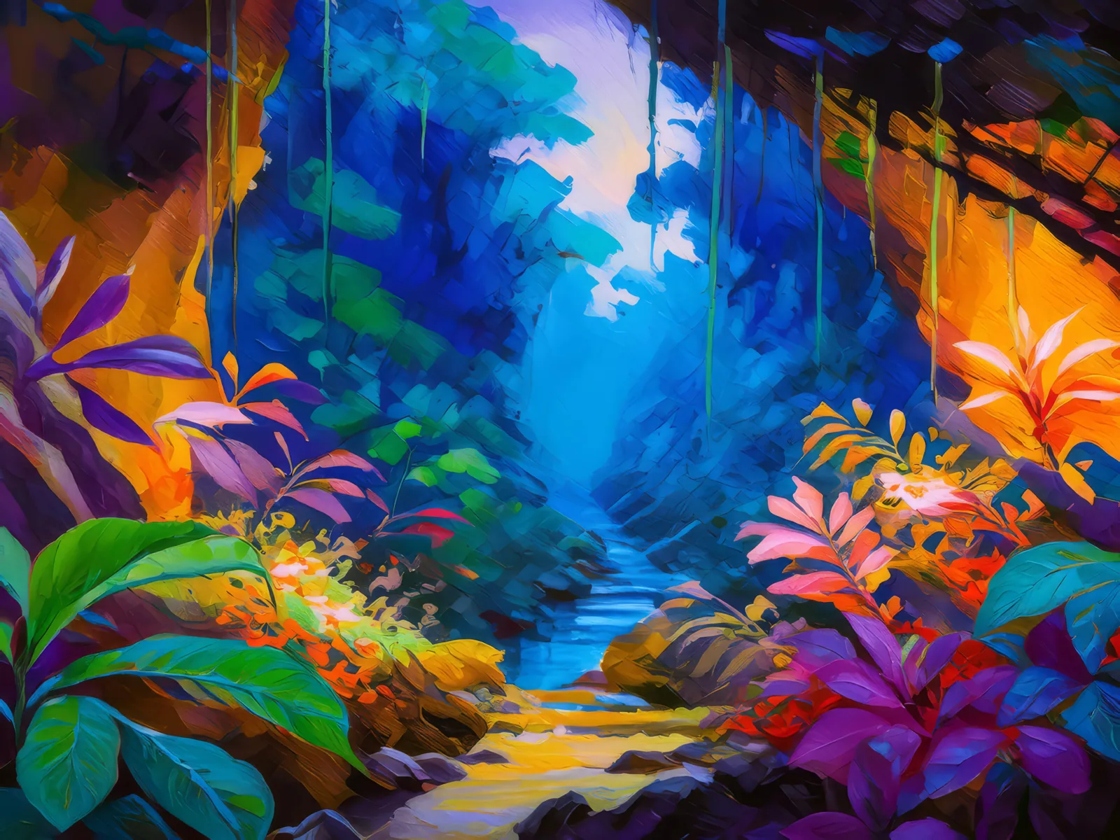 Twilight Jungle Chasm, a palette-knife oil landscape by Emma Mickelberg