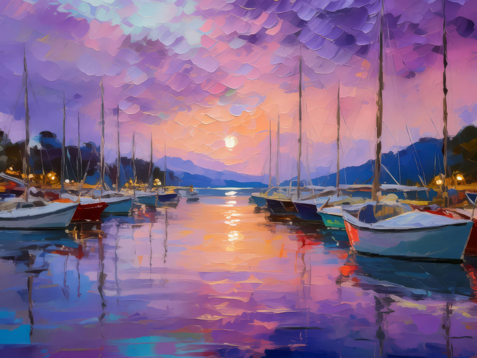 Twilight Marina, a palette-knife oil landscape by Emma Mickelberg
