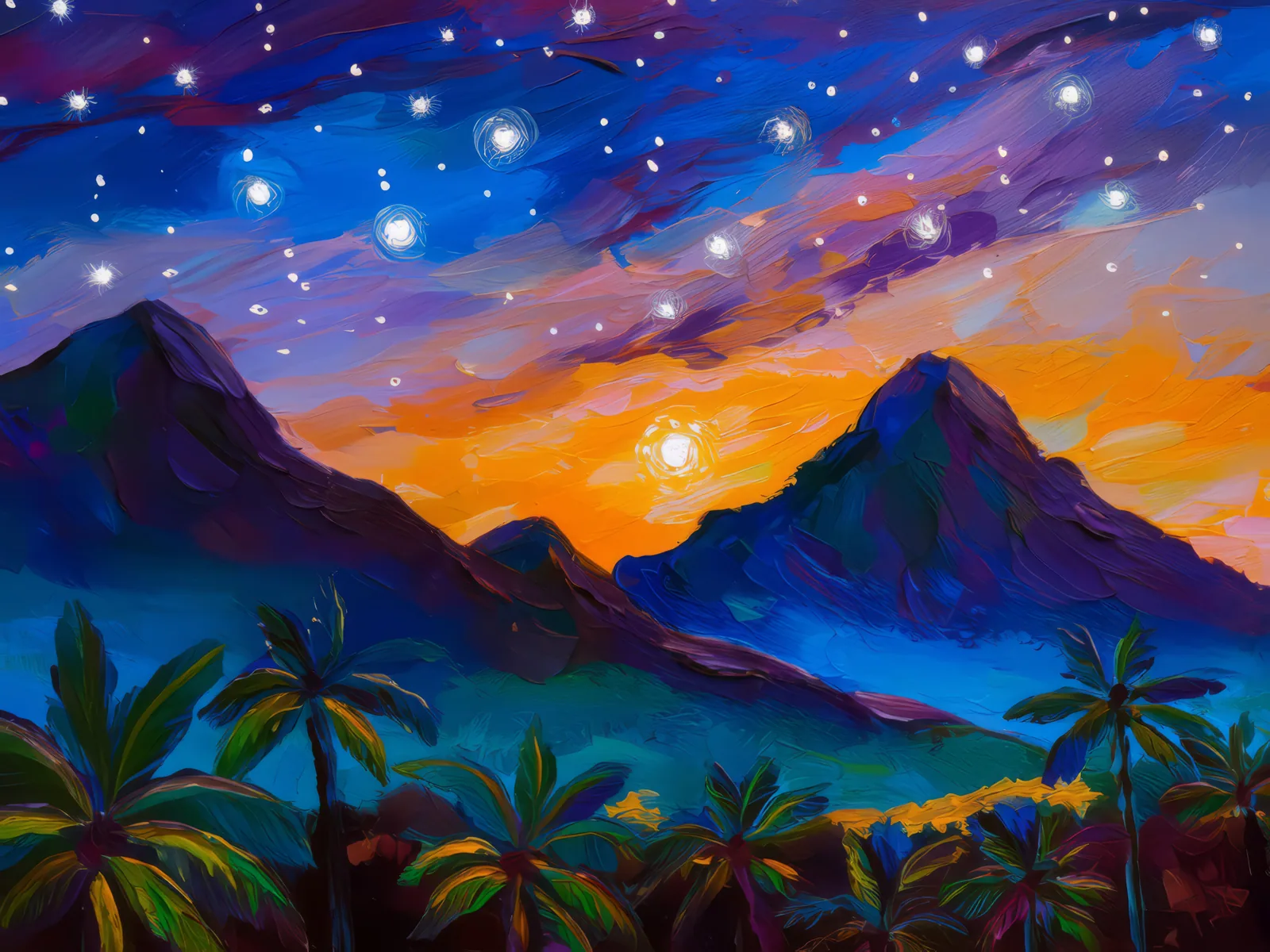 Twilight Mountain Silhouettes, a palette-knife oil landscape by Emma Mickelberg
