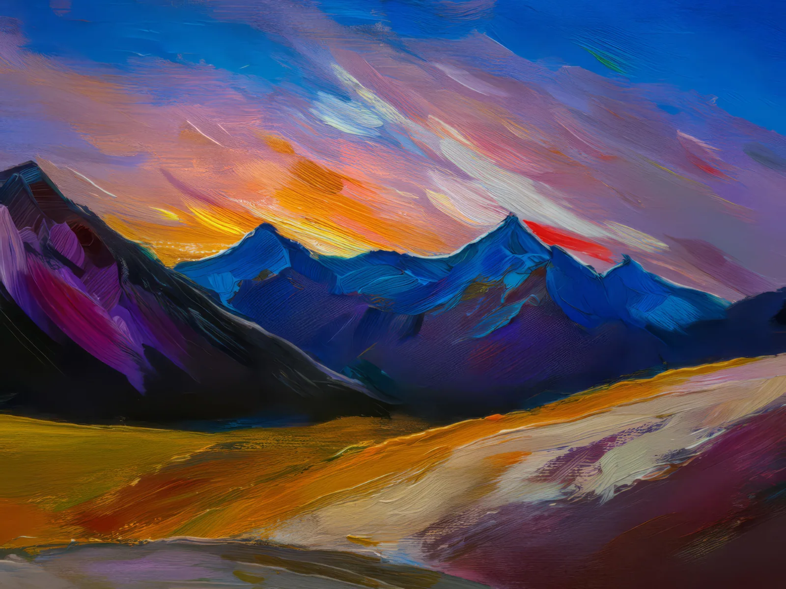 Twilight Over Alpine Desert, a palette-knife oil landscape by Emma Mickelberg