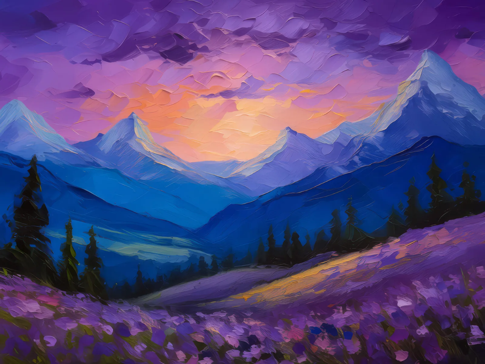 Twilight Over Alpine Valley, a palette-knife oil landscape by Emma Mickelberg
