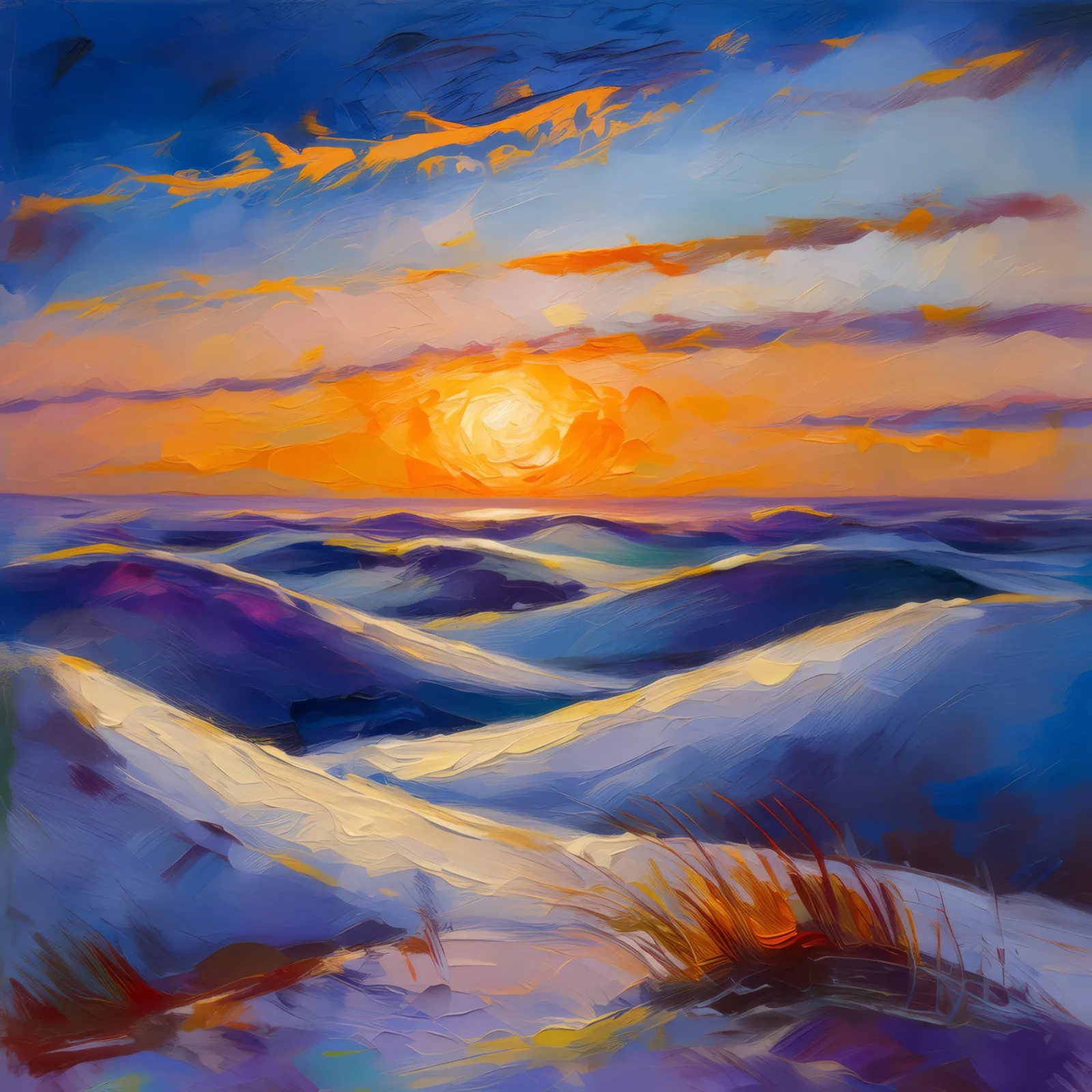 Twilight Over Arctic Dunes, a palette-knife oil landscape by Emma Mickelberg