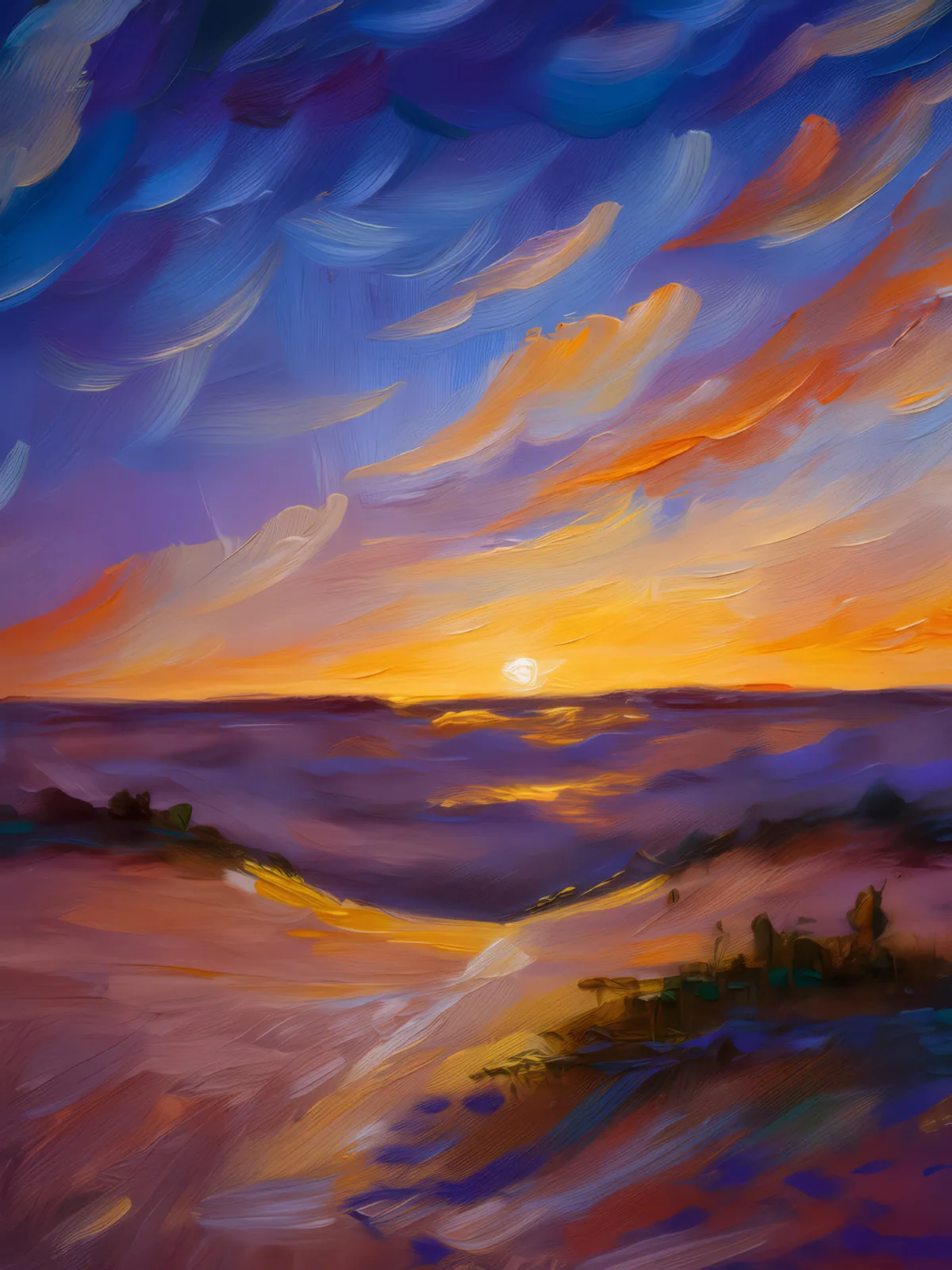 Twilight Over Boreal Sands, a palette-knife oil landscape by Emma Mickelberg
