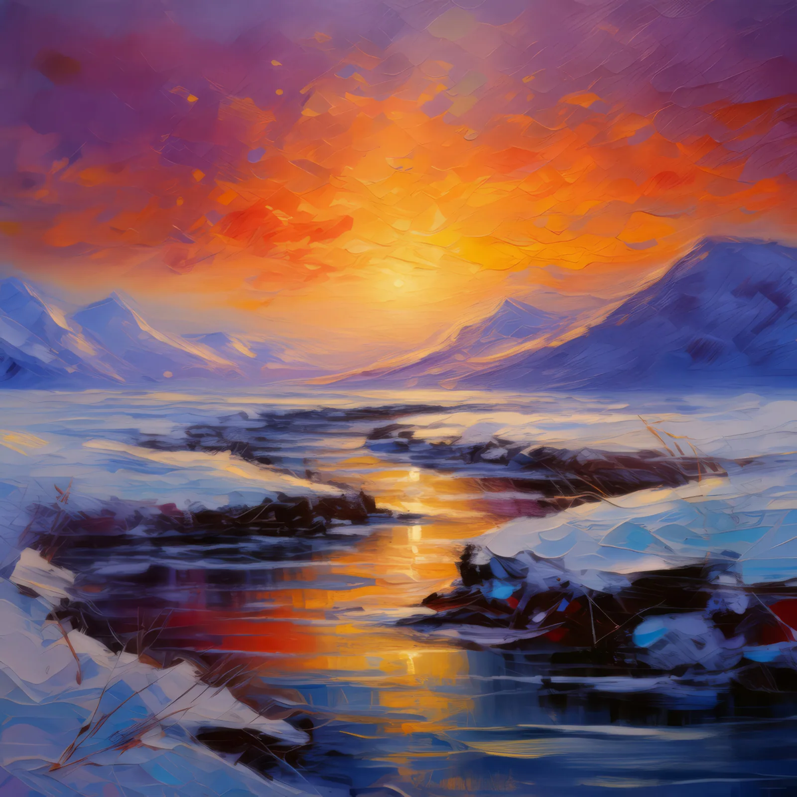 Twilight Over Icy Tundra, a palette-knife oil landscape by Emma Mickelberg