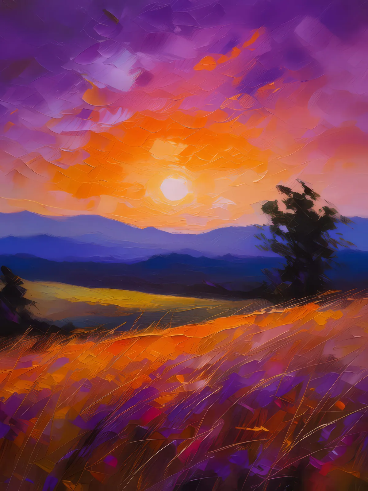 Twilight Over the Grassland, a palette-knife oil landscape by Emma Mickelberg