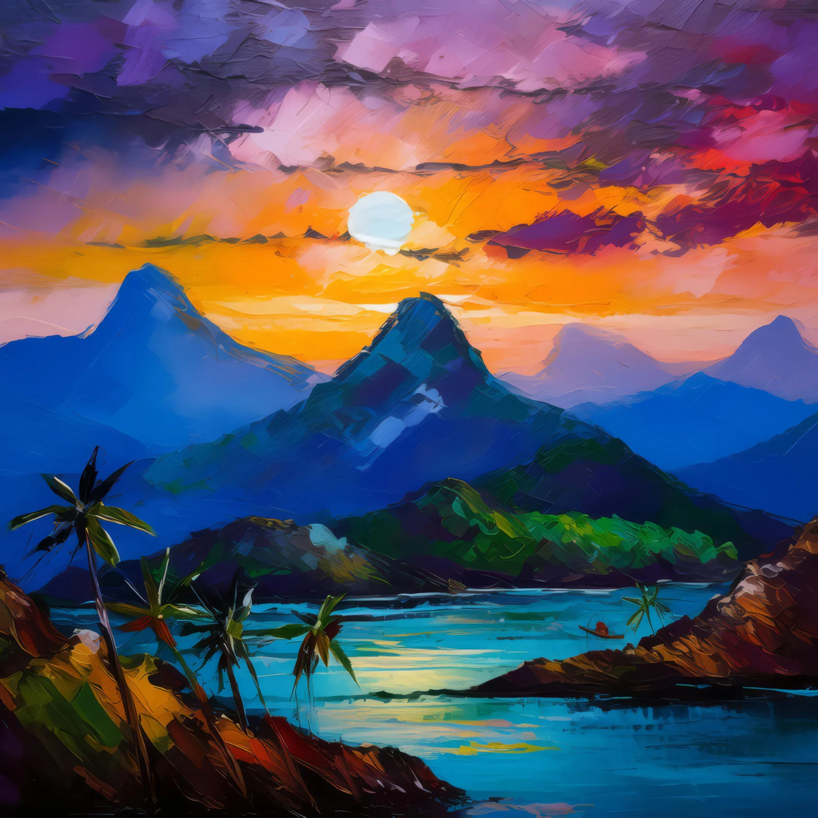 Twilight Over Tropical Peaks, a palette-knife oil landscape by Emma Mickelberg