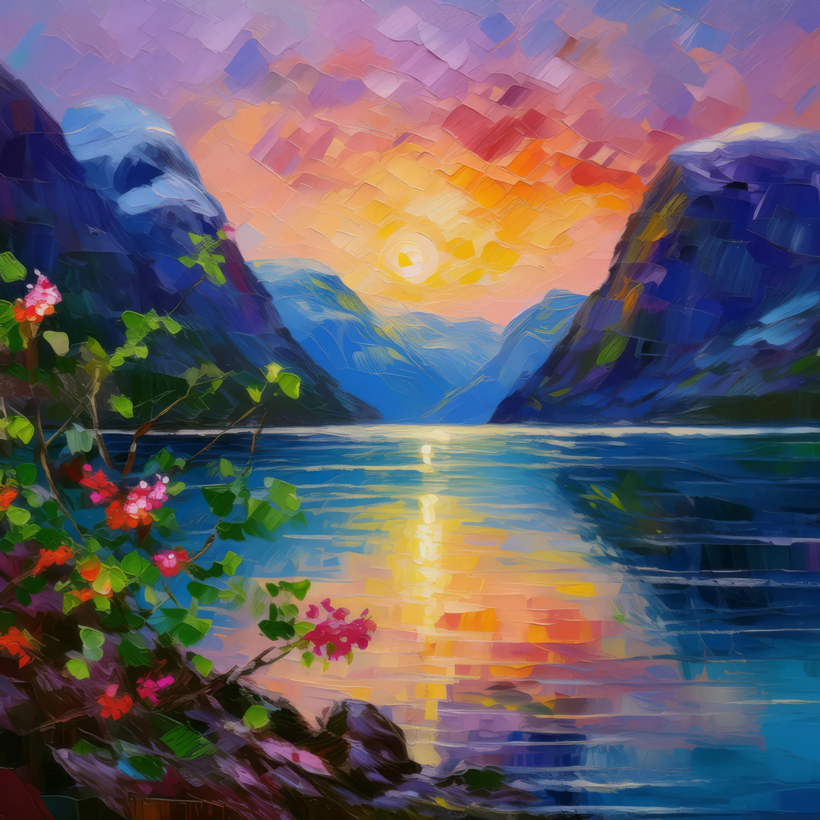 Twilight Serenity at the Fjord, a palette-knife oil landscape by Emma Mickelberg