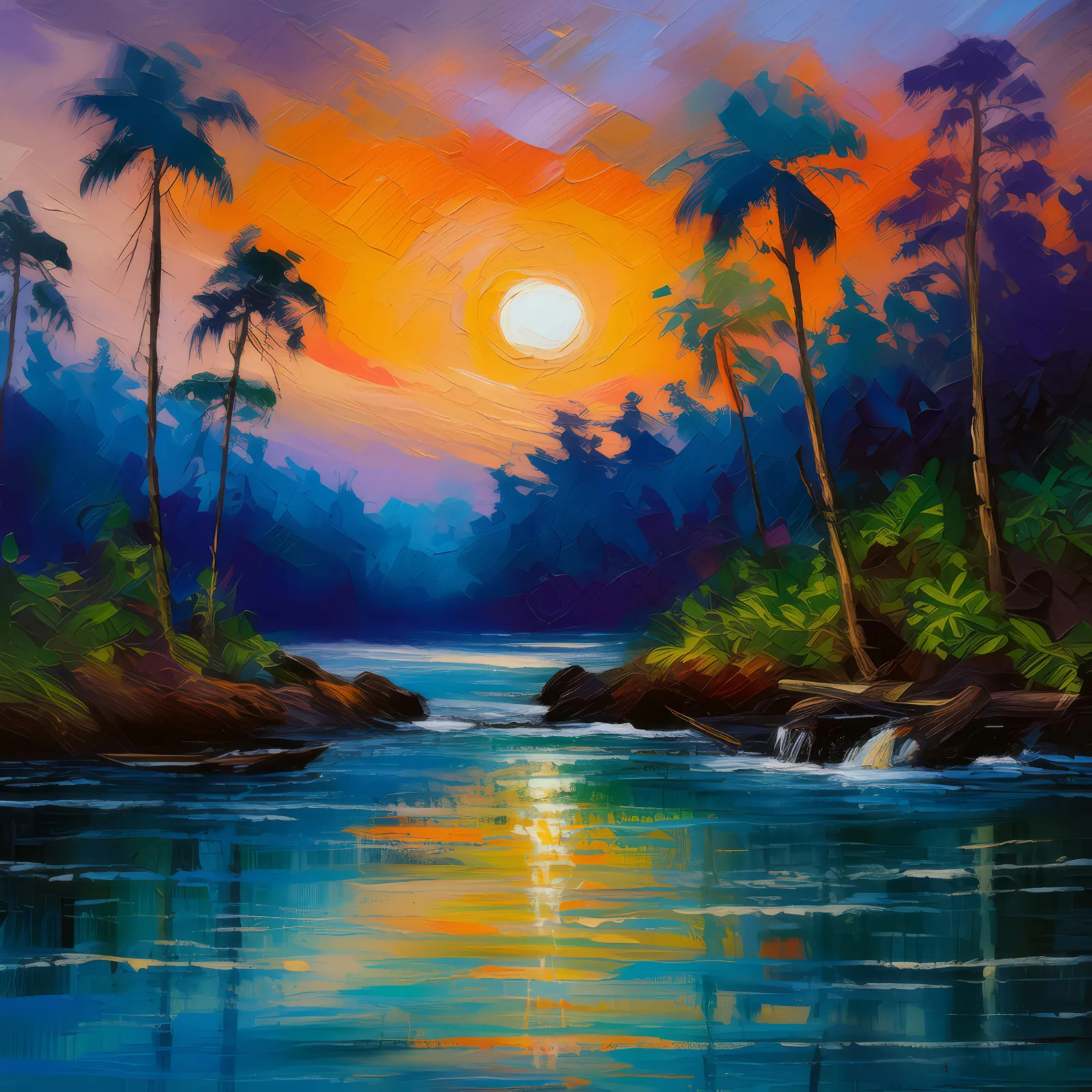 Twilight Whispers of the Jungle, a palette-knife oil landscape by Emma Mickelberg