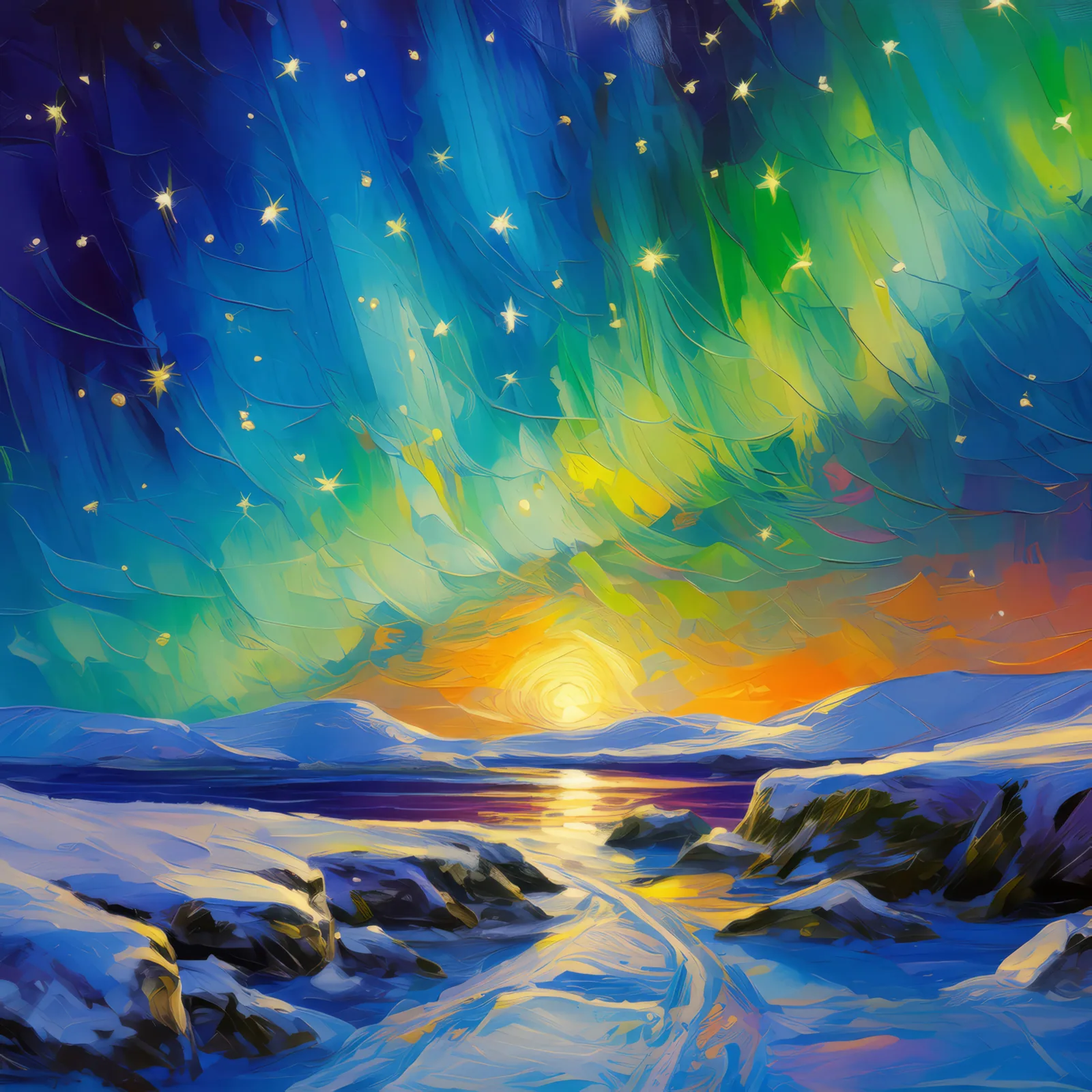 Under the Aurora's Glow, a palette-knife oil landscape by Emma Mickelberg