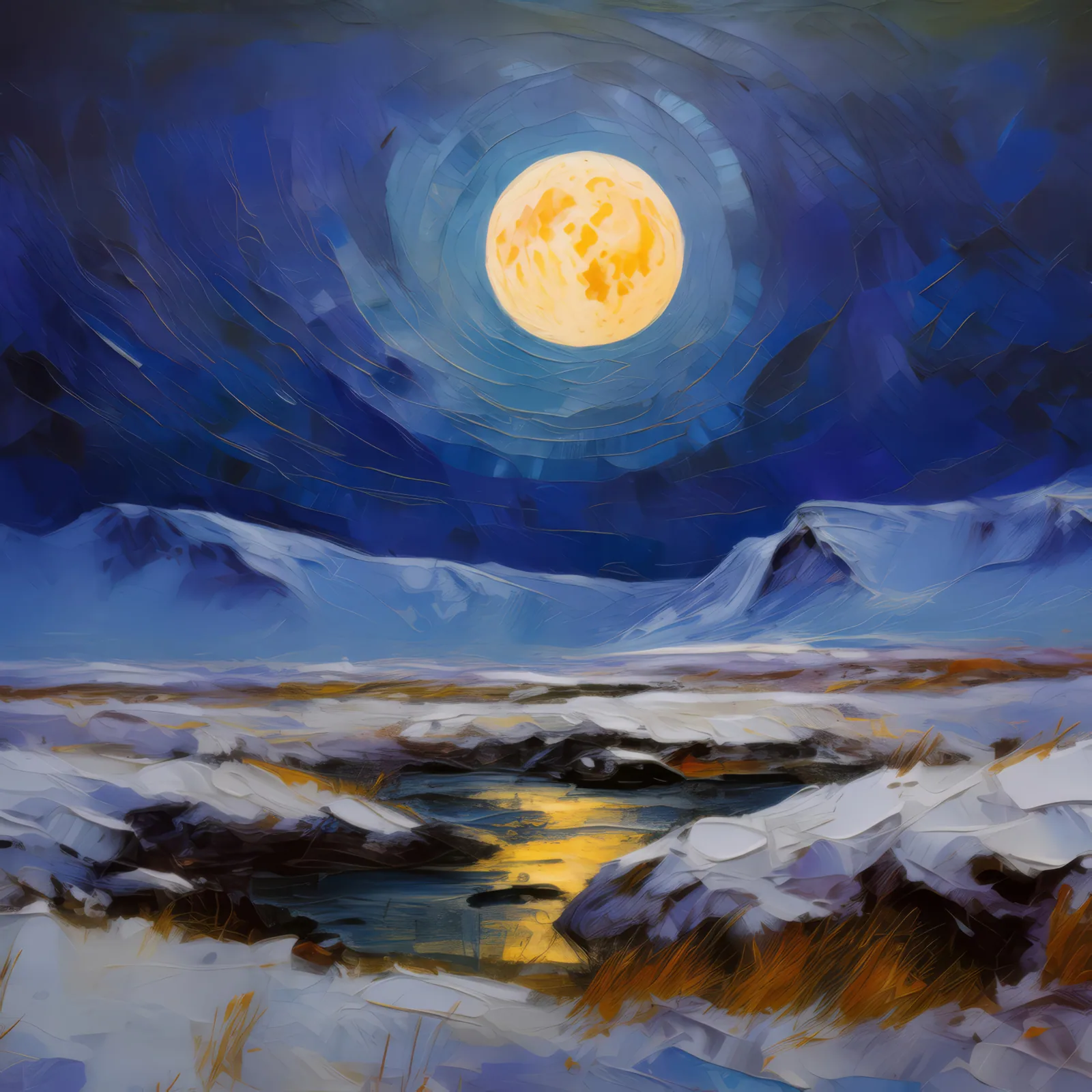Under the Tundra Moon, a palette-knife oil landscape by Emma Mickelberg