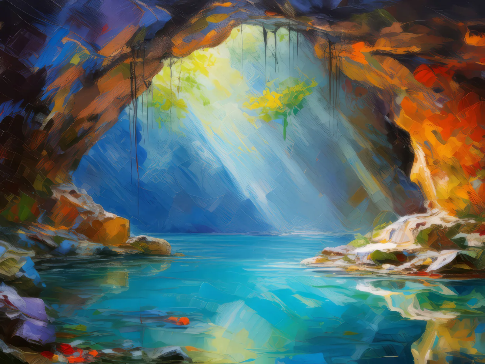 Underground Cave Pool, a palette-knife oil landscape by Emma Mickelberg