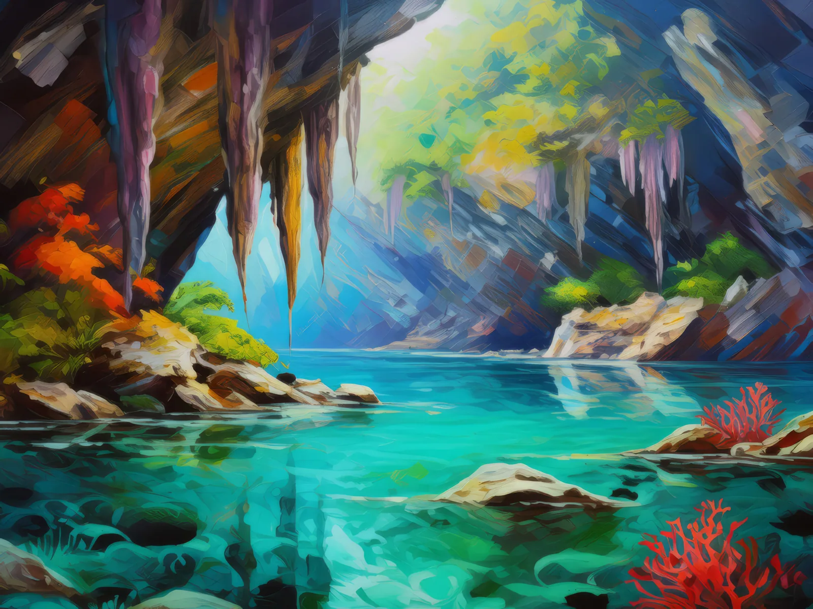 Underwater Cave Exploration, a palette-knife oil landscape by Emma Mickelberg