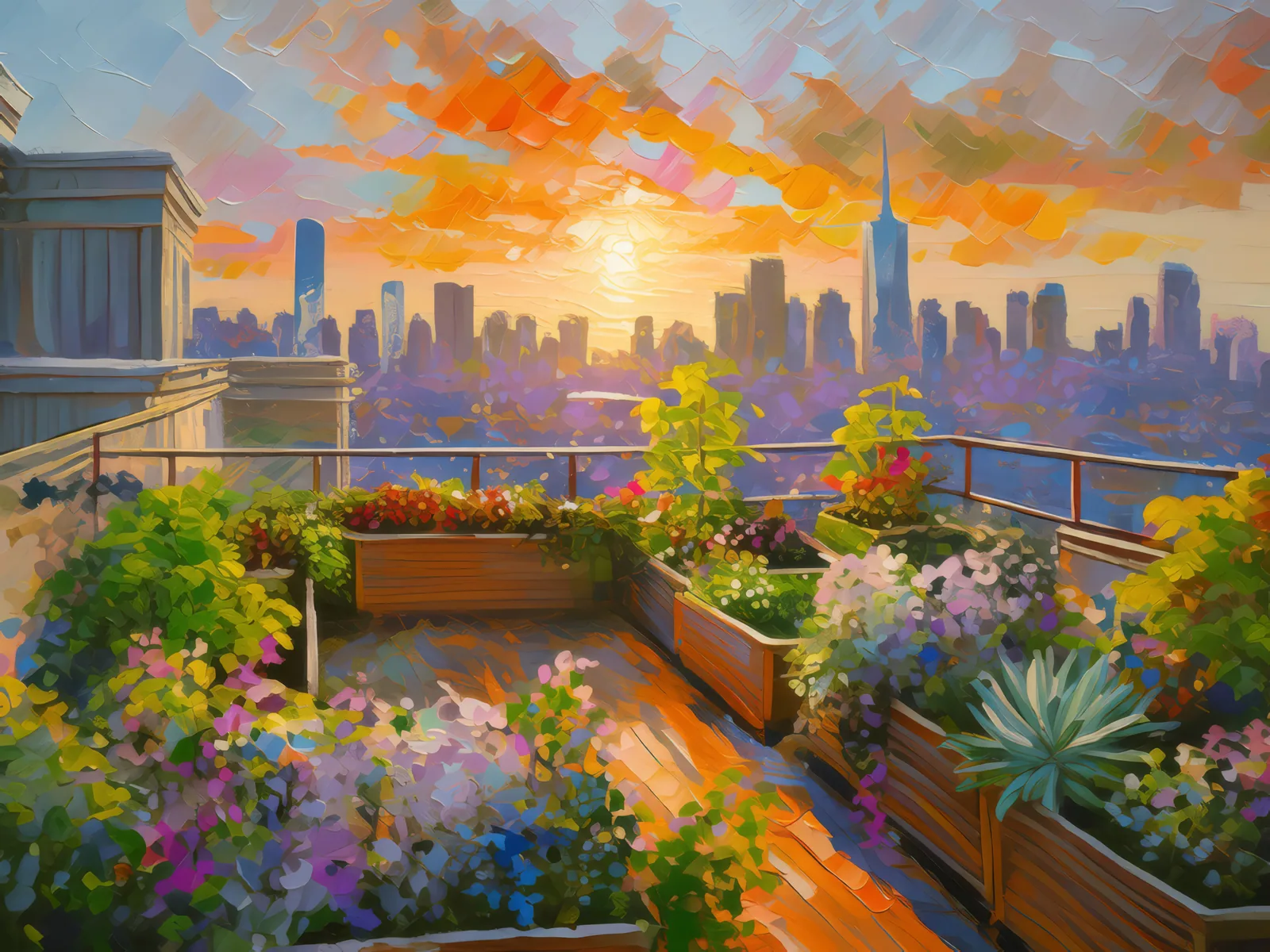 Urban Rooftop at Sunset, a palette-knife oil landscape by Emma Mickelberg