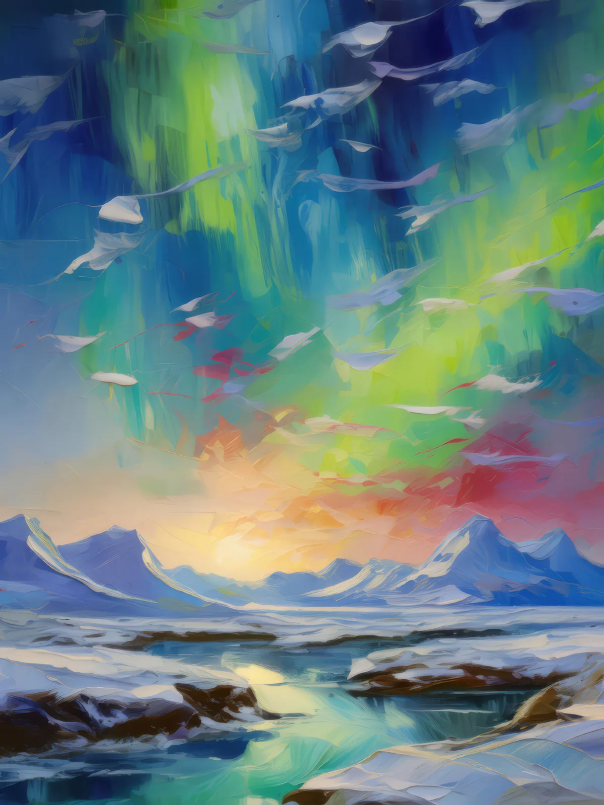 Veiled Aurora in Arctic Desert, a palette-knife oil landscape by Emma Mickelberg