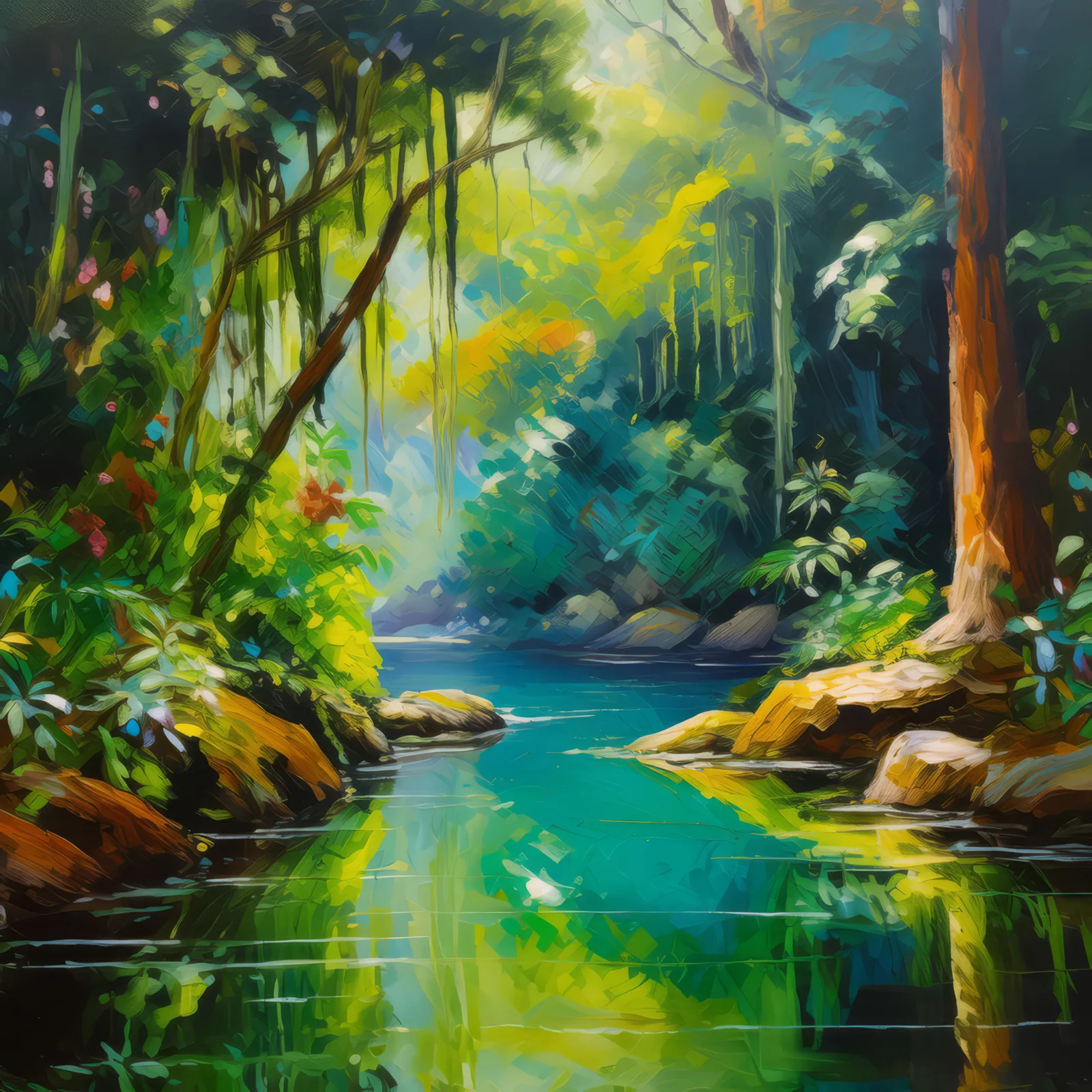 Verdant Forest Grotto, a palette-knife oil landscape by Emma Mickelberg