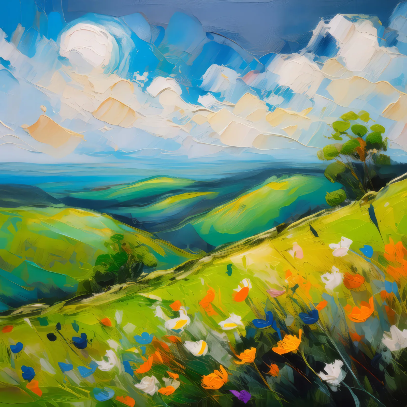 Verdant Hills Bluff, a palette-knife oil landscape by Emma Mickelberg