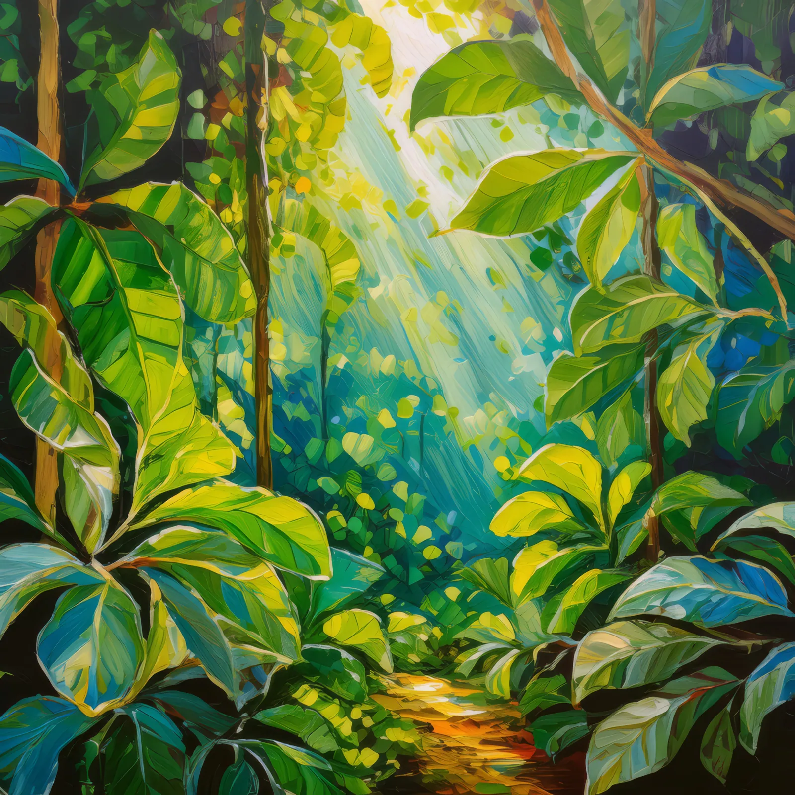 Verdant Jungle Canopy, a palette-knife oil landscape by Emma Mickelberg