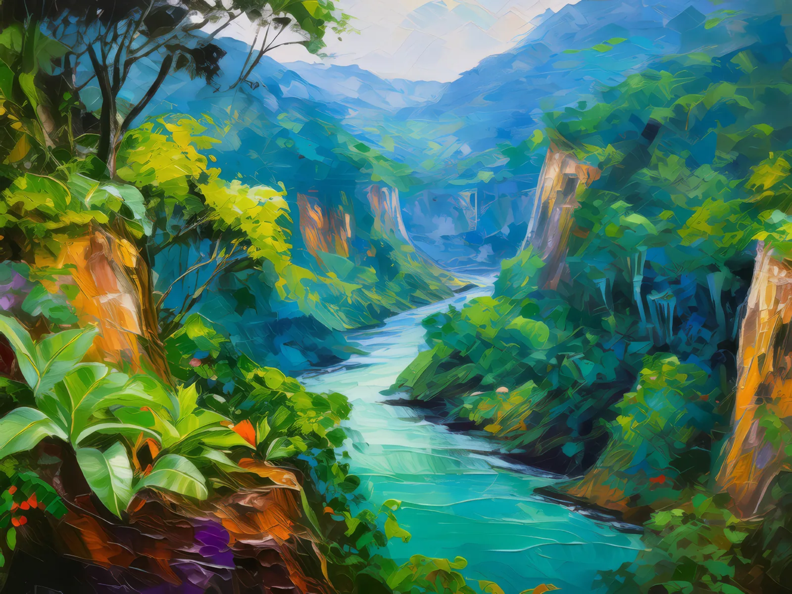 Verdant Jungle Chasm, a palette-knife oil landscape by Emma Mickelberg